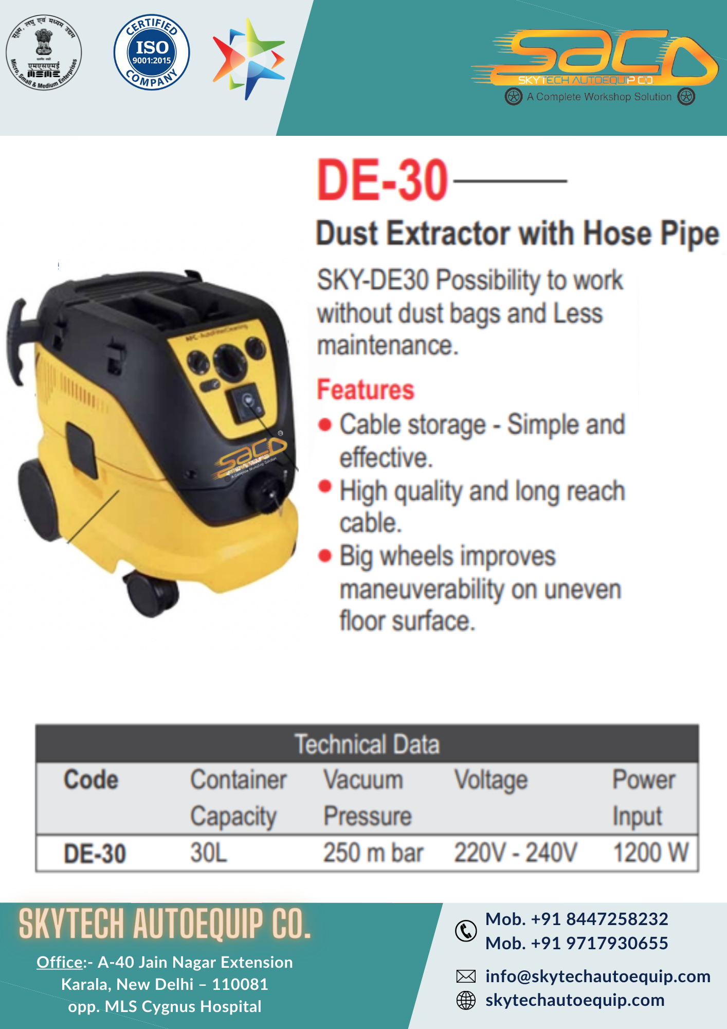 Dust Extractor - 220v/50hz | Bagless Design, High Reach Cable, Enhanced Maneuverability With Big Wheels