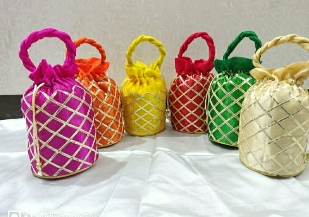 Designer White Potli Bag - Cotton, Regular Size, Golden Color | Handmade, Drawstring Closure, Customizable Color & Design, Perfect For Celebrations