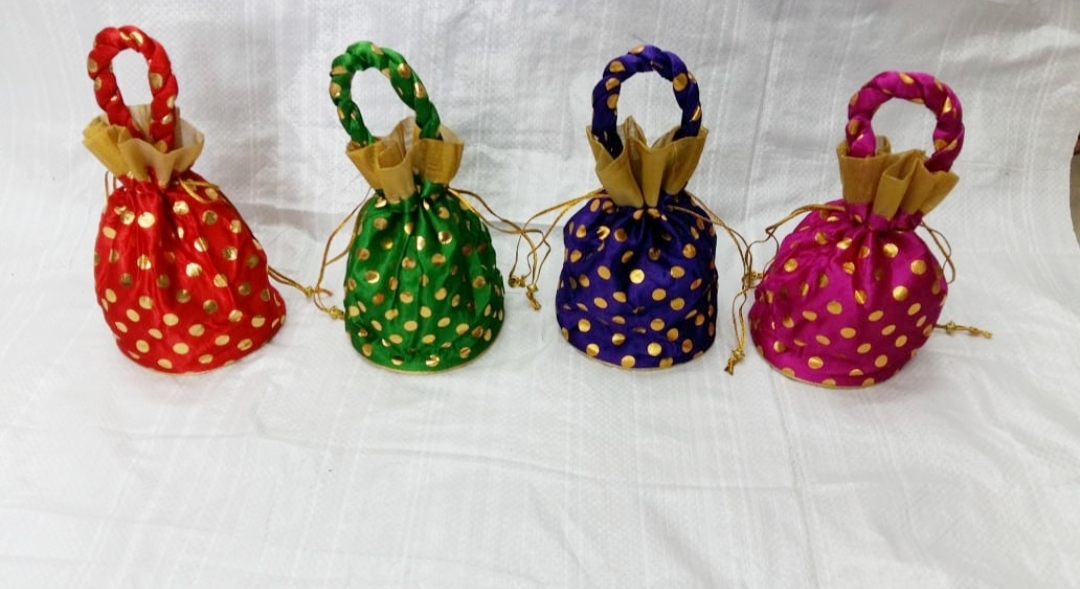 Designer White Potli Bag - Cotton, Regular Size, Golden Color | Handmade, Drawstring Closure, Customizable Color & Design, Perfect For Celebrations