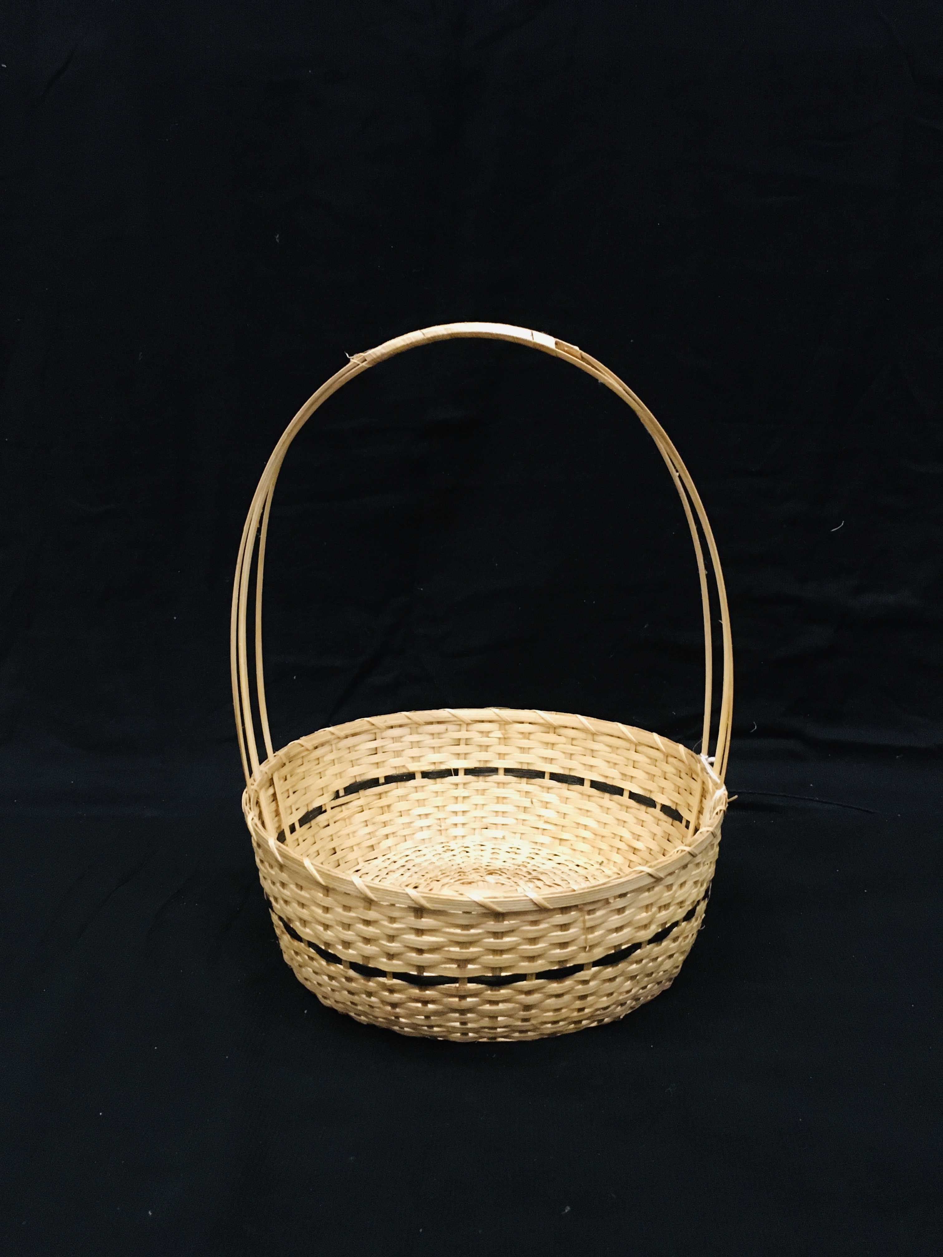 Cane And Bamboo Sweet Basket - Natural Handmade Craft, Elegant Black Line With Carry Handle