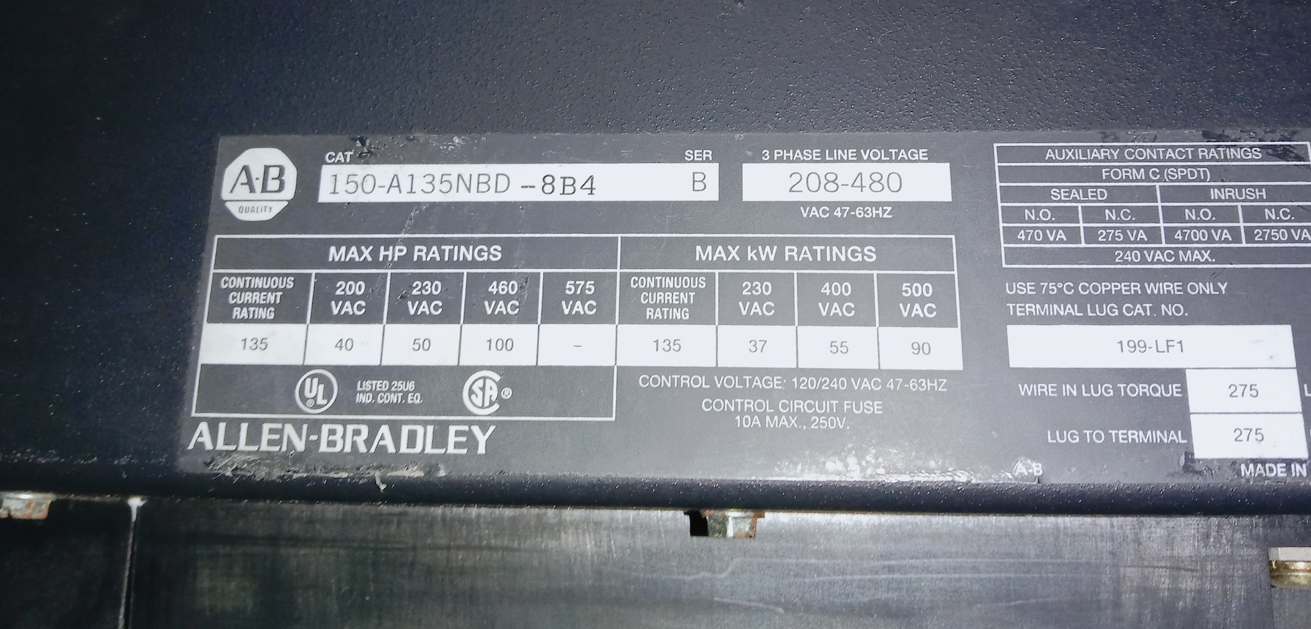Allen Bradley Controller Motor 150-a135nbd-8b4