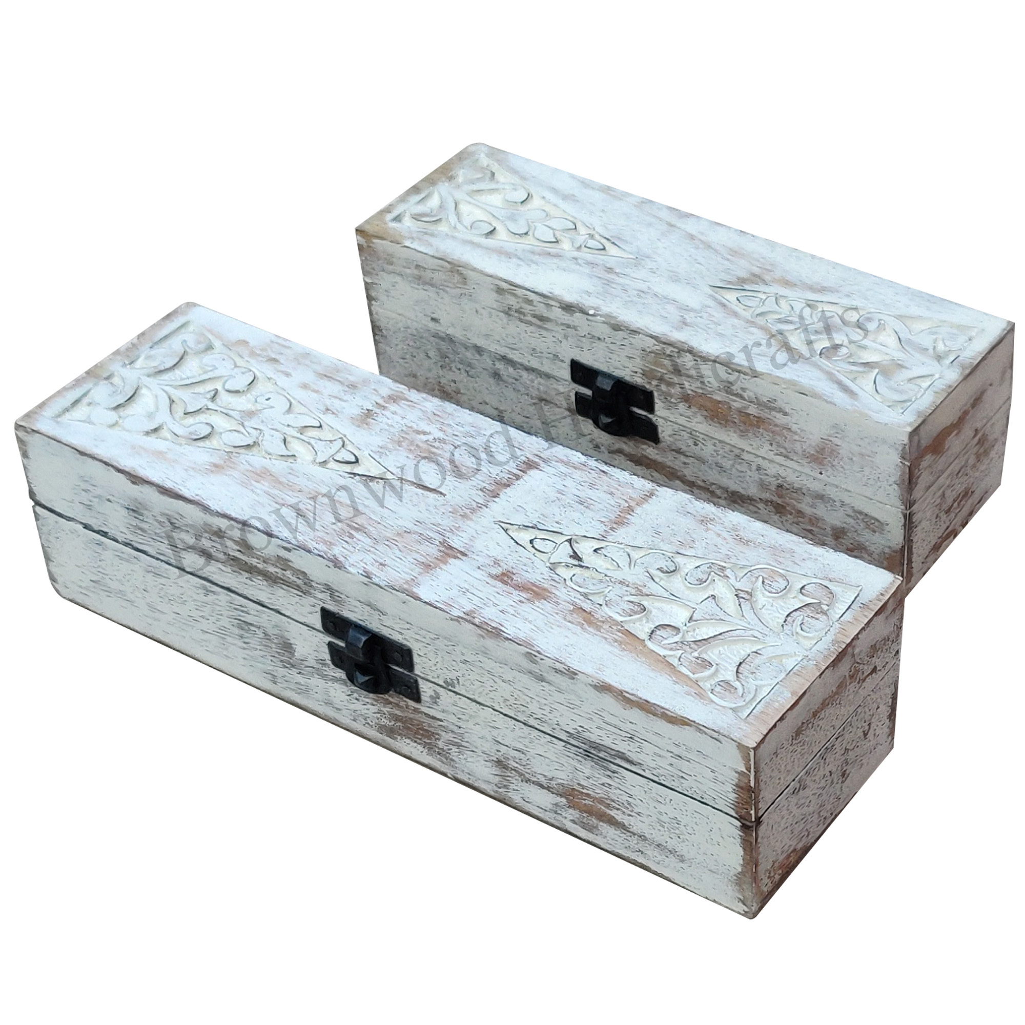 Hand Carved Wooden Box - Distressed White Finish | Hinge Lid Closure Ideal For Amazon Resellers