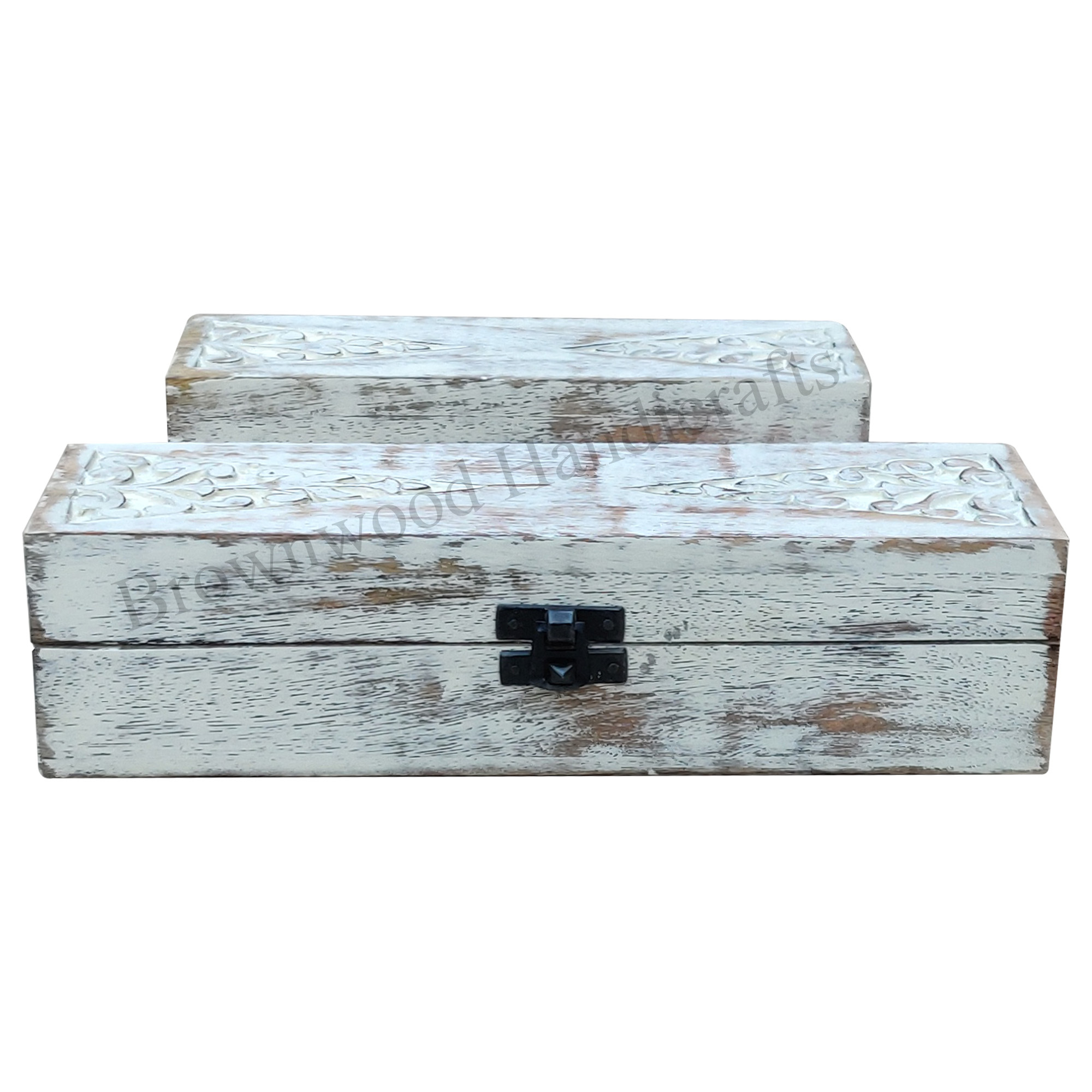 Hand Carved Wooden Box - Distressed White Finish | Hinge Lid Closure Ideal For Amazon Resellers