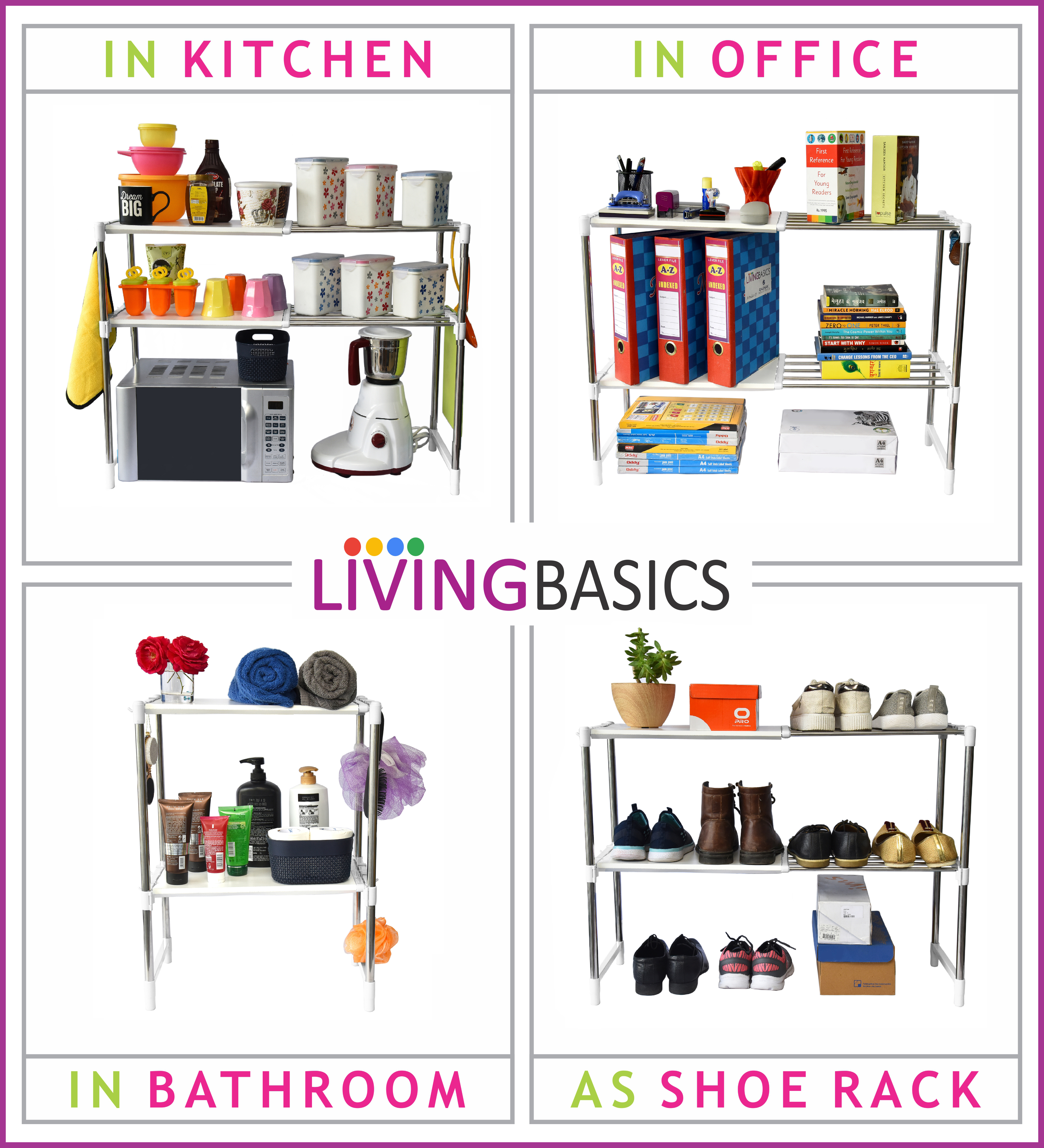 Livingbasics 2-tier Stainless Steel Multipurpose Shoe Rack - 50x30x65 Cm, Snow White, Heavy Duty & Adjustable Design For Home, Office, Bathroom & Kitchen Use