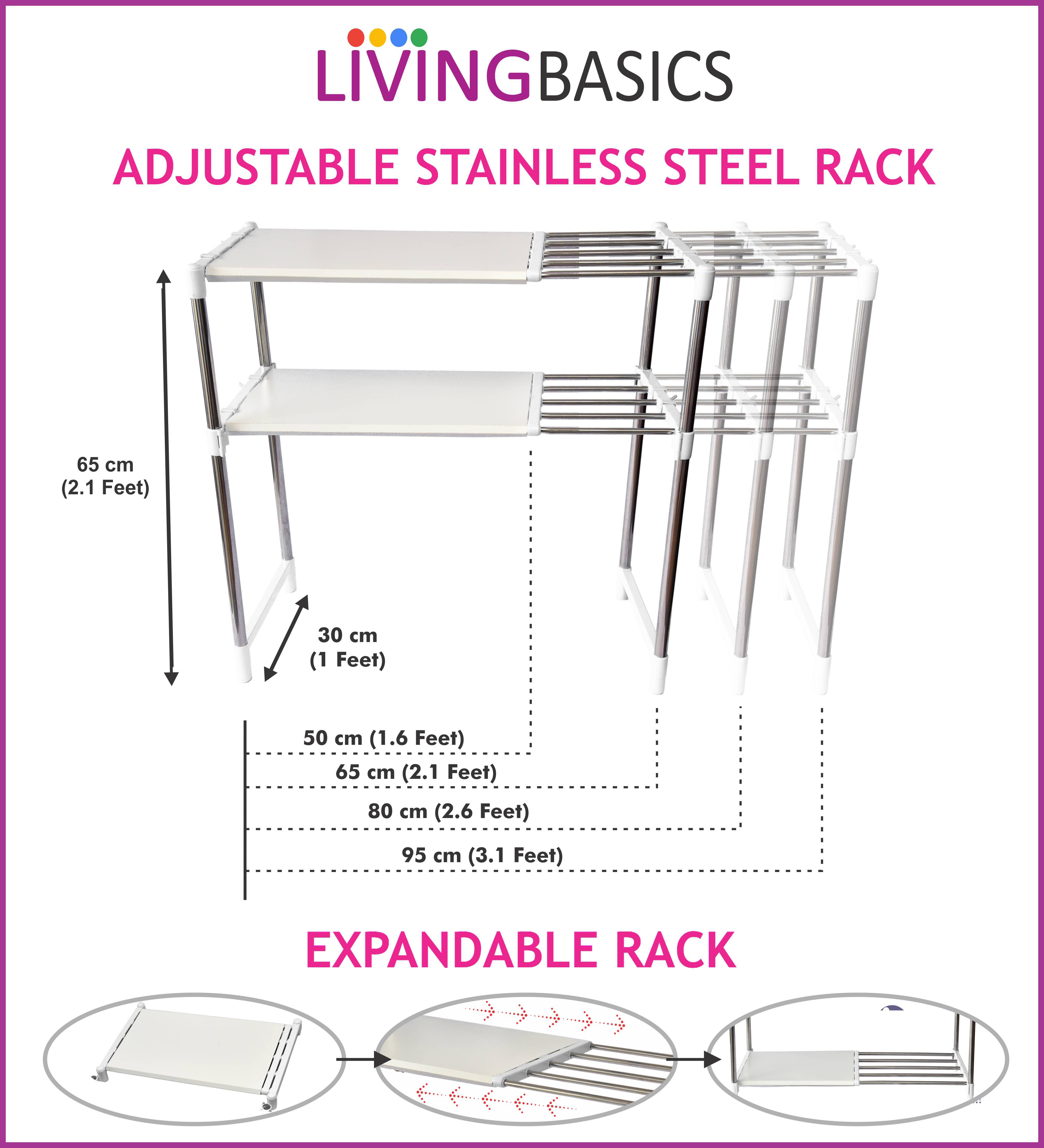 Livingbasics 2-tier Stainless Steel Multipurpose Shoe Rack - 50x30x65 Cm, Snow White, Heavy Duty & Adjustable Design For Home, Office, Bathroom & Kitchen Use