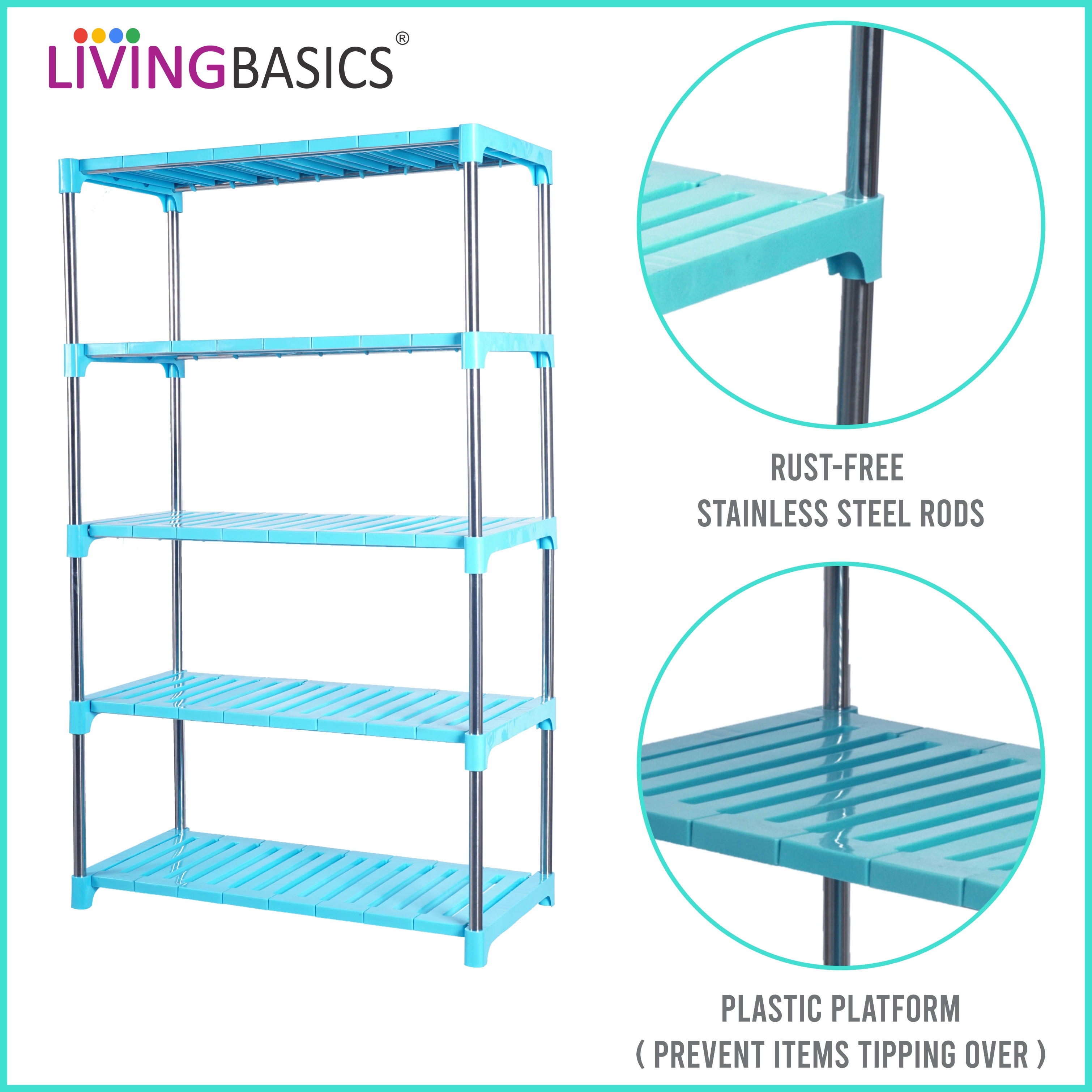 Livingbasics 5-layer Multipurpose Storage Rack - Abs Plastic, 66x29.2x86.4 Cm, Cyan Blue | Durable, Stylish, Easy To Clean, Uv And Water Resistant, No Assembly Required
