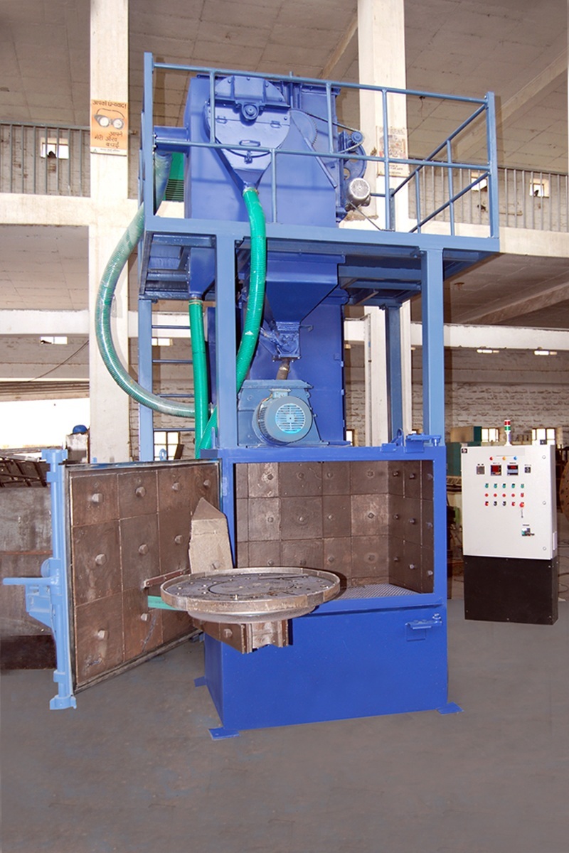 Swing Table Type Shot Blasting Machine - 6 Mm Ms Plate, 900mm Diameter, 10 Hp Blast Wheel | Heavy Duty, Replaceable Manganese Steel Linings, Media Separation System, 400 Kg Workload Capacity