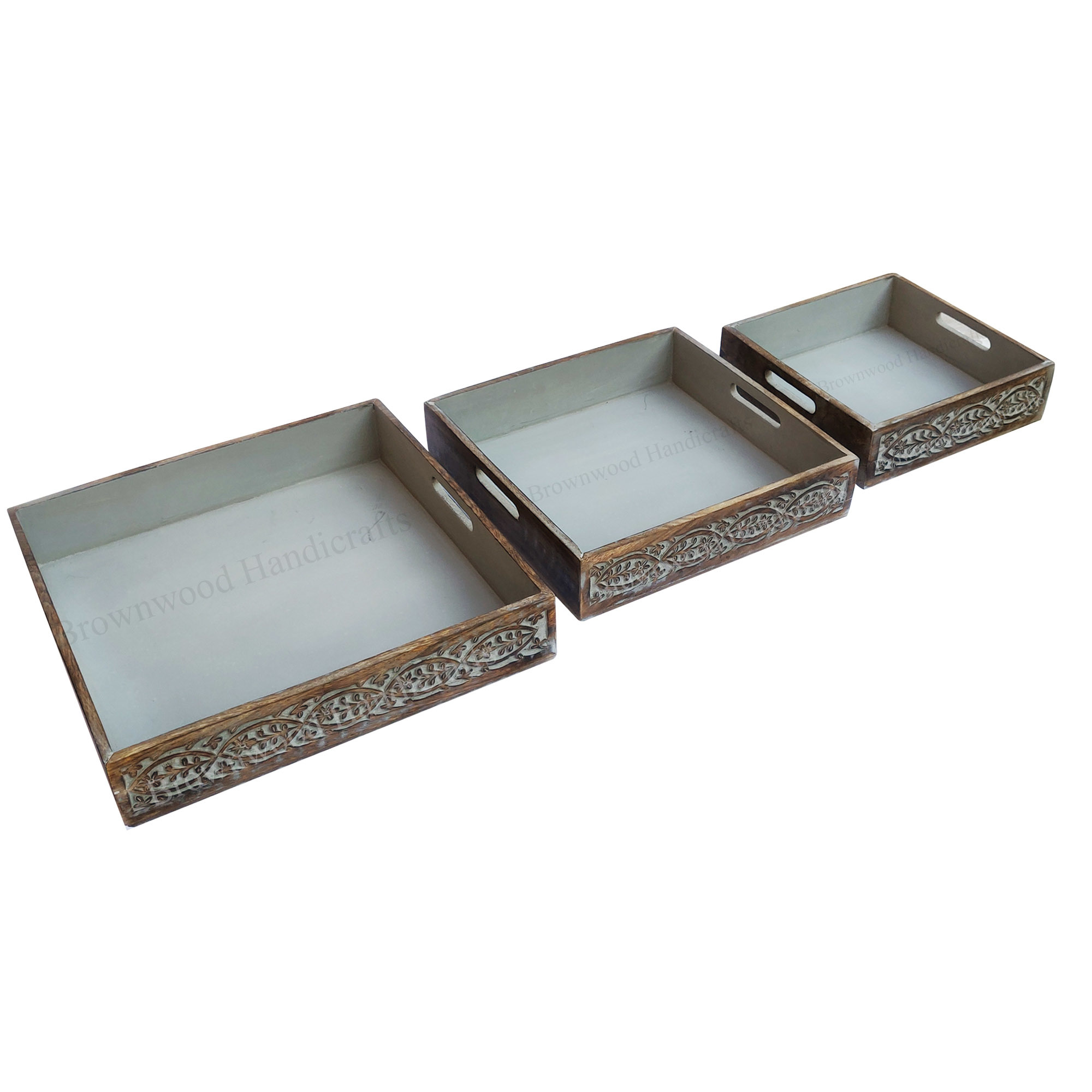 Hand-carved Wooden Serving Tray Set Of 3 - 16x16x3, 13.5x13.5x3, 11x11x3 Inches | Antique Imitation, Burnt White Wash Finish, Elegant Home Decoration