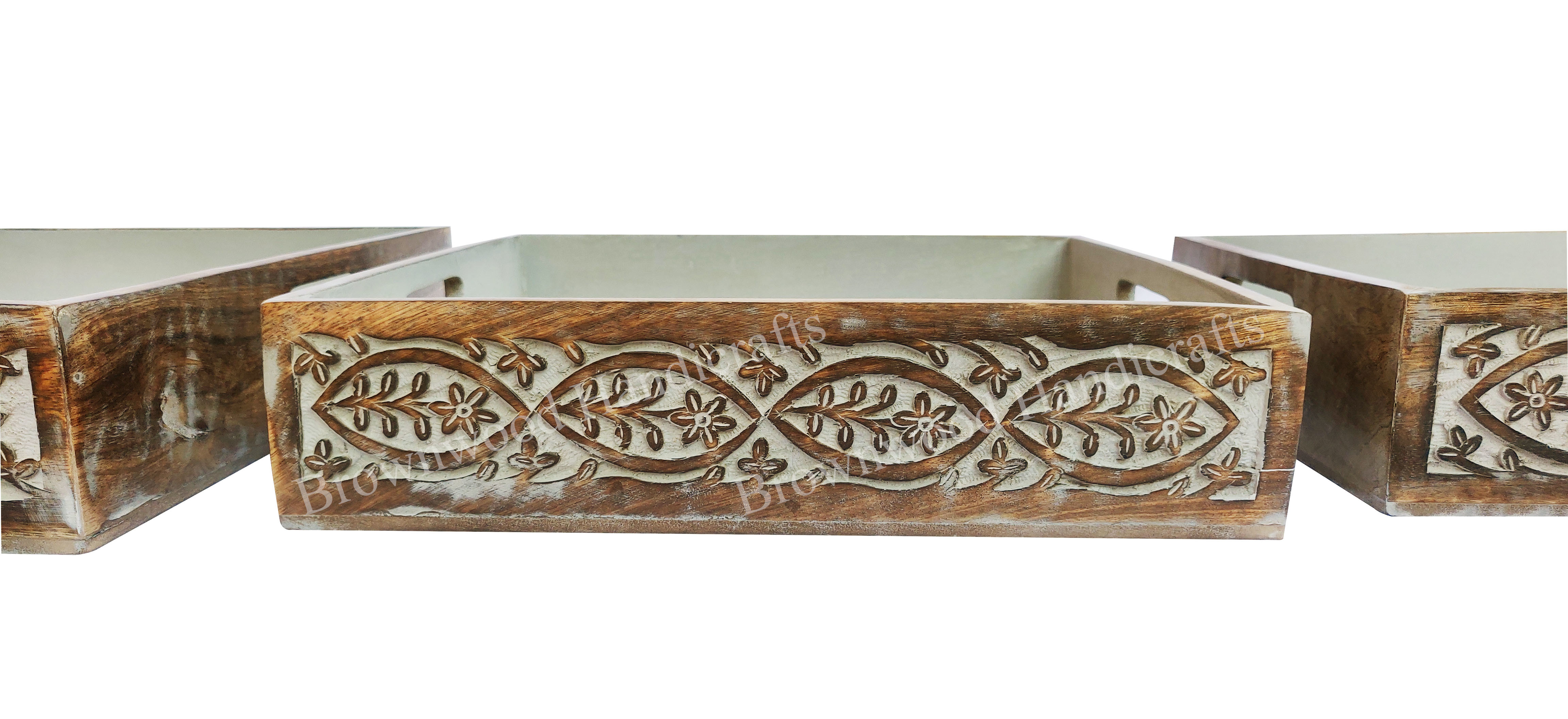 Hand-carved Wooden Serving Tray Set Of 3 - 16x16x3, 13.5x13.5x3, 11x11x3 Inches | Antique Imitation, Burnt White Wash Finish, Elegant Home Decoration