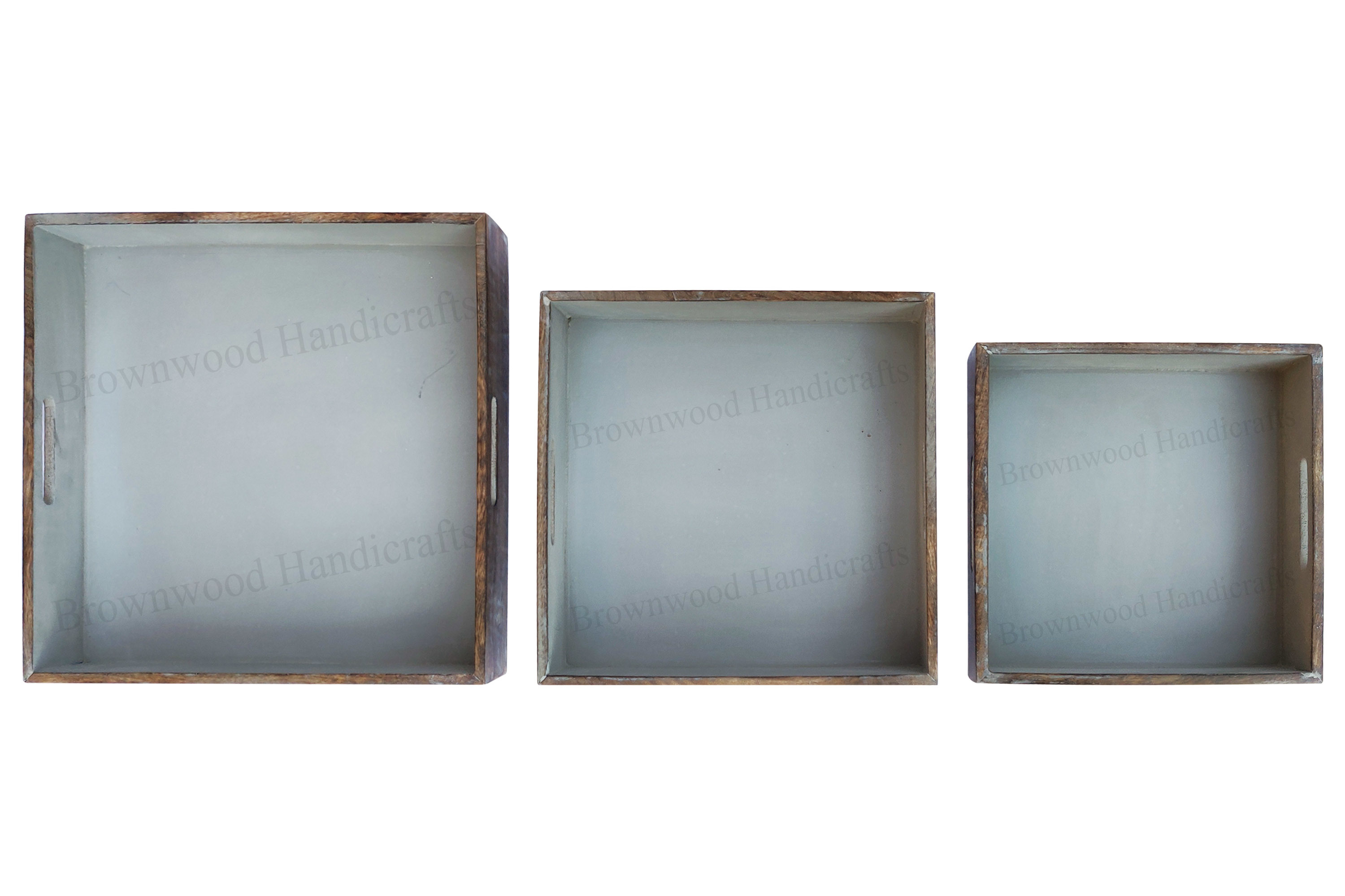 Hand-carved Wooden Serving Tray Set Of 3 - 16x16x3, 13.5x13.5x3, 11x11x3 Inches | Antique Imitation, Burnt White Wash Finish, Elegant Home Decoration