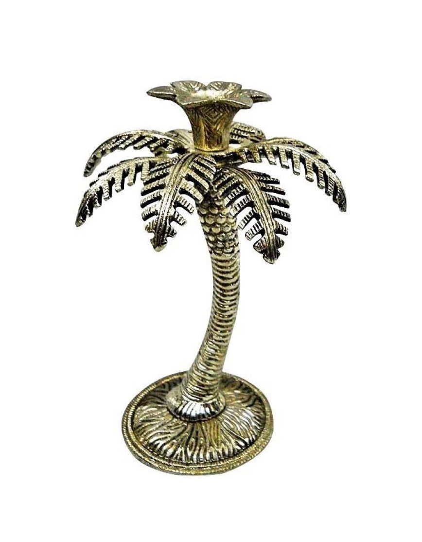 Brass Two Palm Tree With Pink Candle Holder