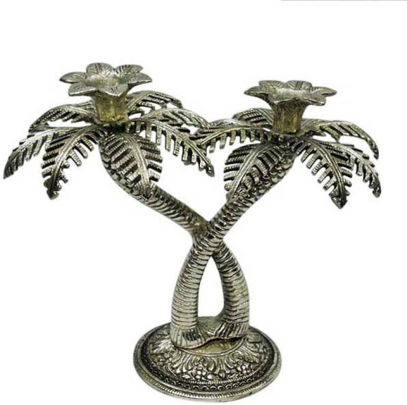 Brass Two Palm Tree With Pink Candle Holder