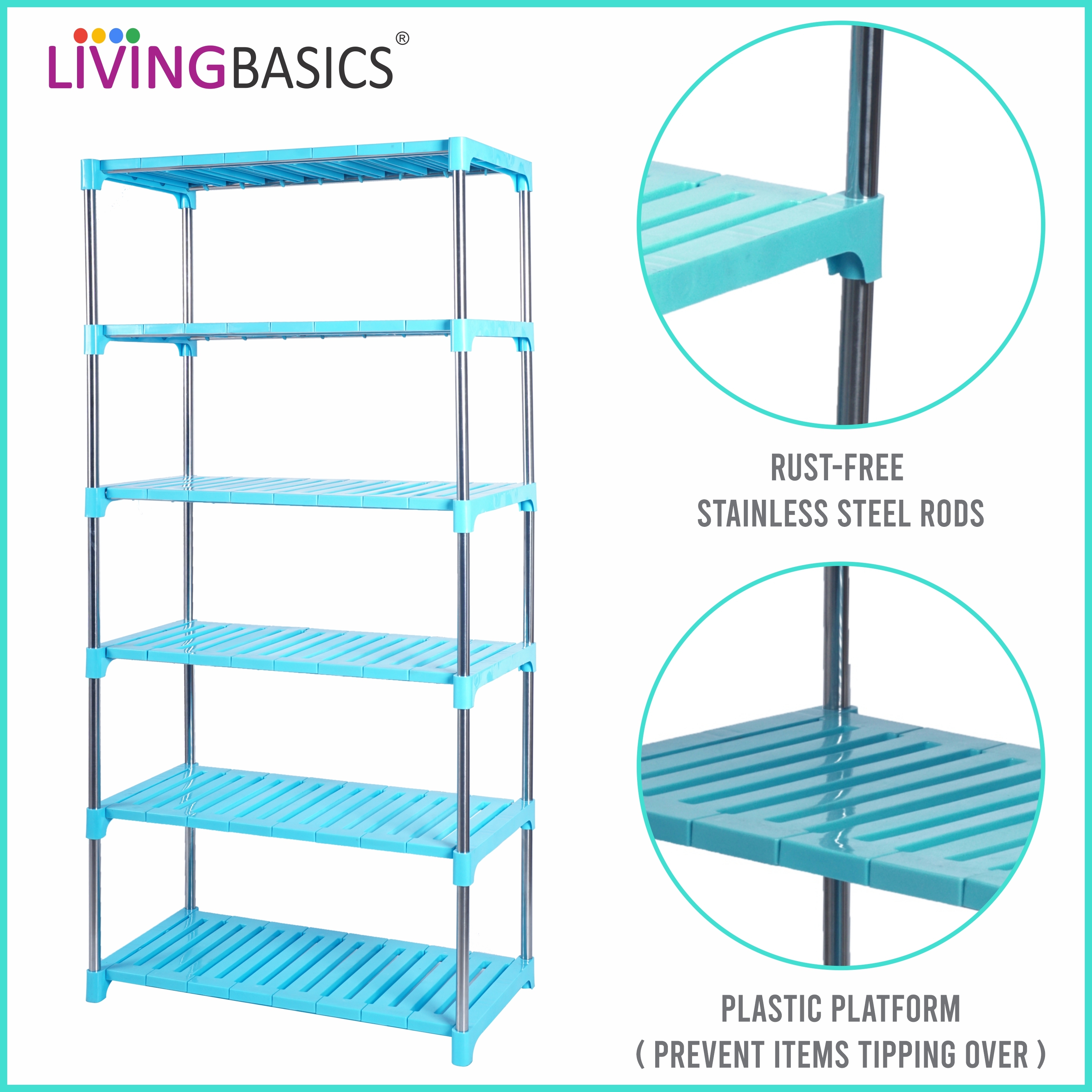 6 Layer Bathroom Racks - Abs Plastic & Stainless Steel, 66x29.2x141 Cm, Cyan Blue | Durable, Modern Design, Adjustable Width, Multipurpose Storage