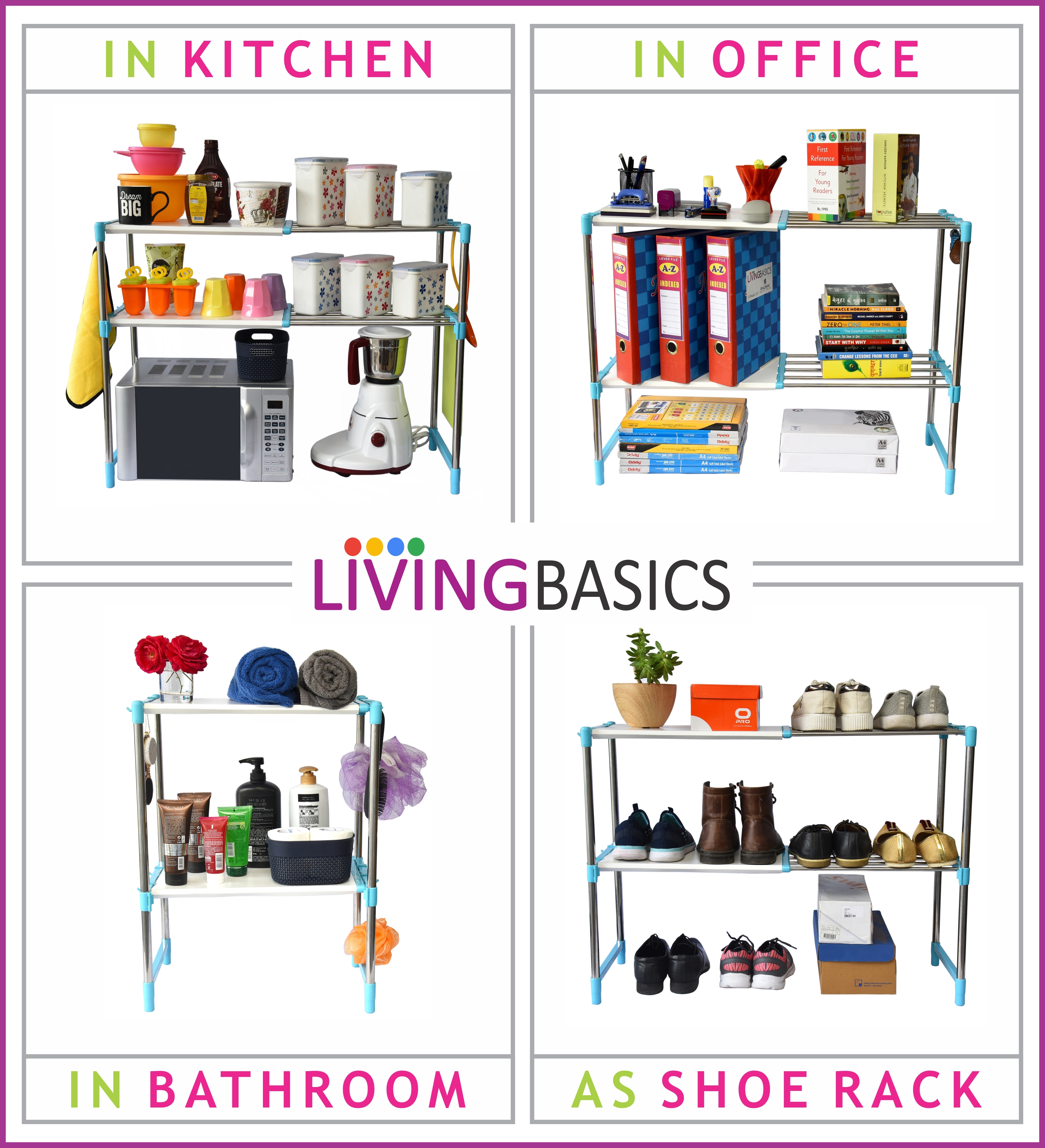 2 Layer Office Rack - Stainless Steel, 50x30x65 Cm, Cyan Blue | Rust-free, Durable, Adjustable, No Assembly Required, 2 Shelves