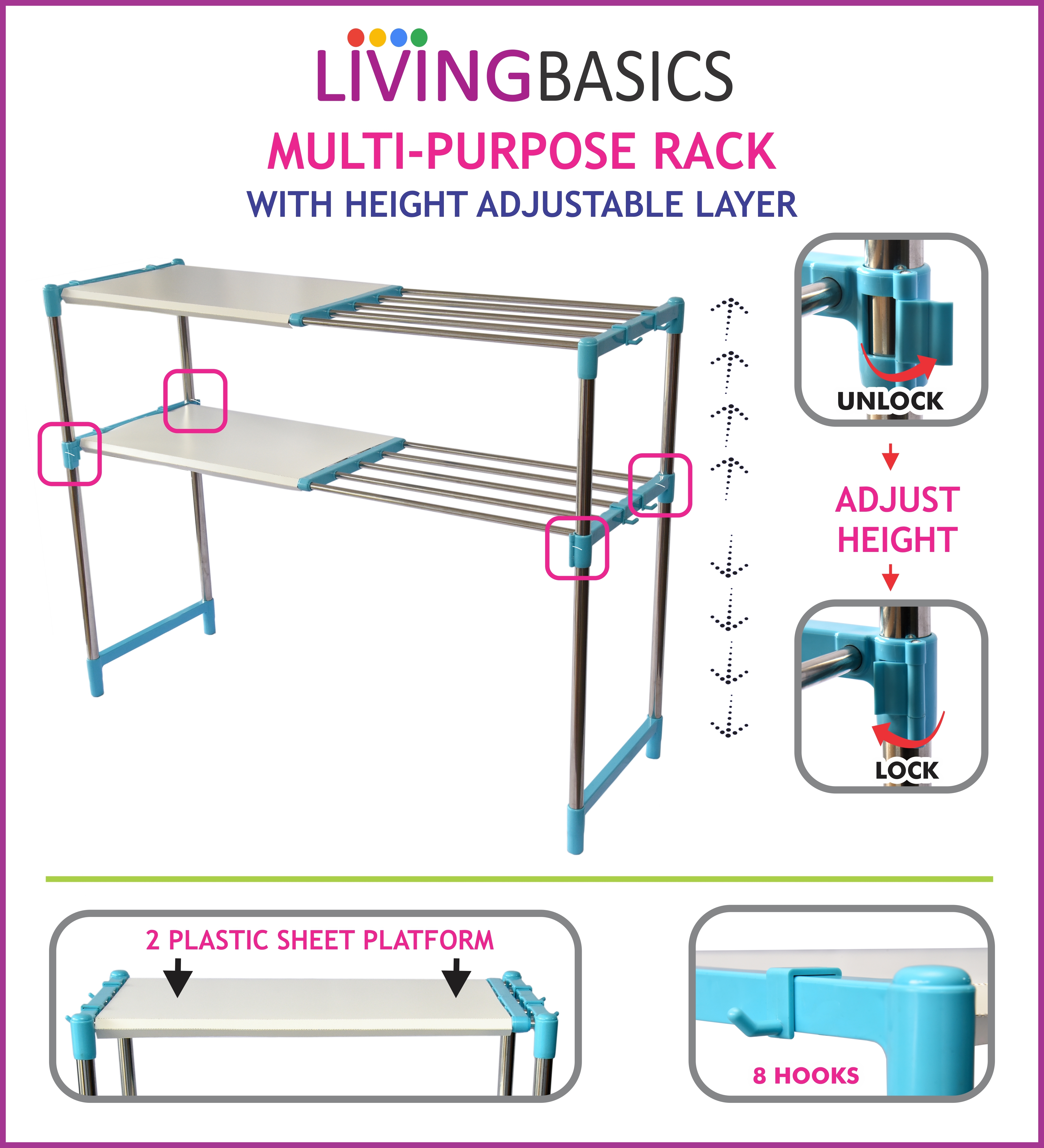 2 Layer Office Rack - Stainless Steel, 50x30x65 Cm, Cyan Blue | Rust-free, Durable, Adjustable, No Assembly Required, 2 Shelves