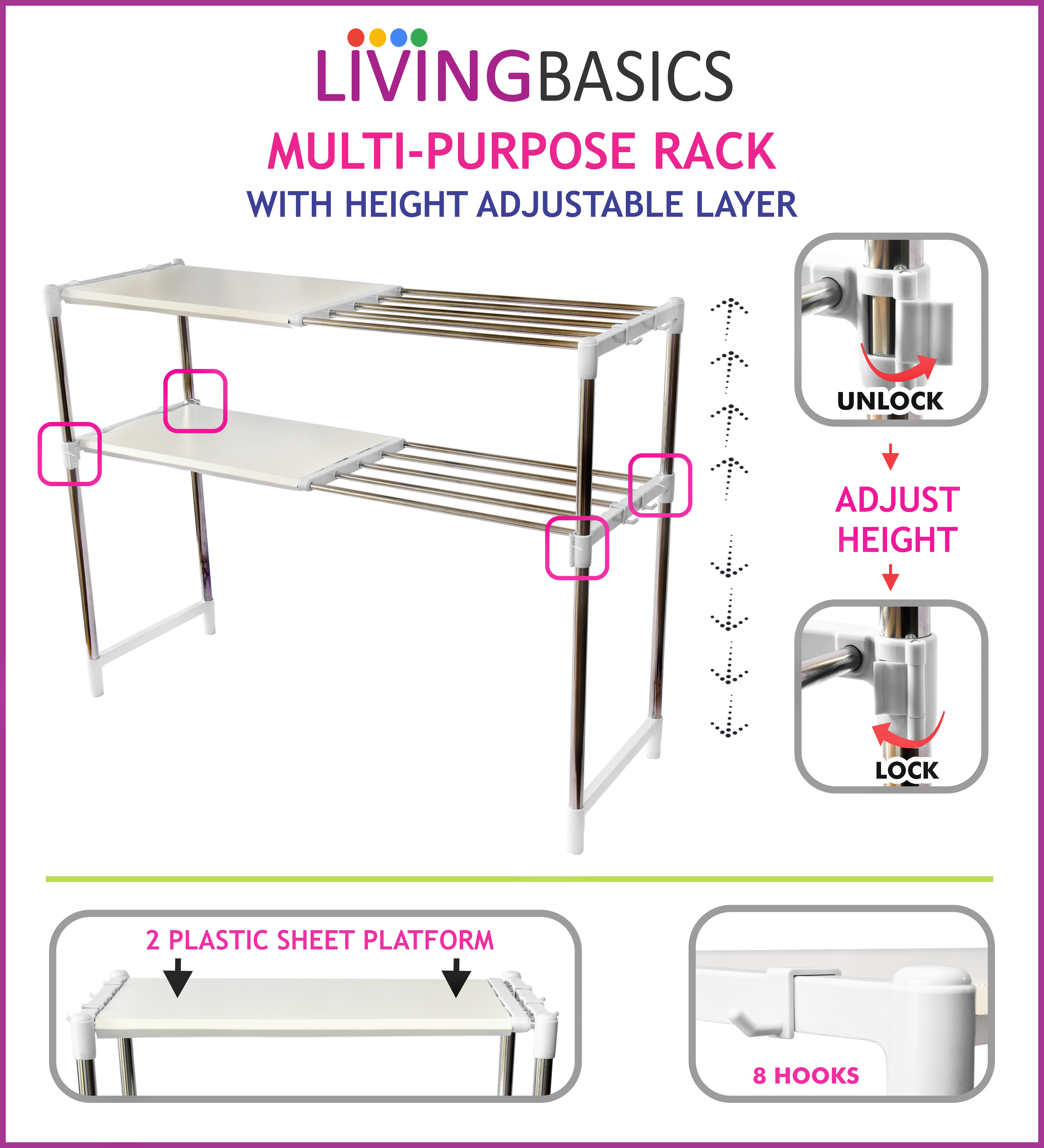 Office Racks - Stainless Steel & Abs, 50x30x65 Cm, Snow White | 2-layer Multipurpose Stand, Adjustable, Water Resistant, No Assembly Required