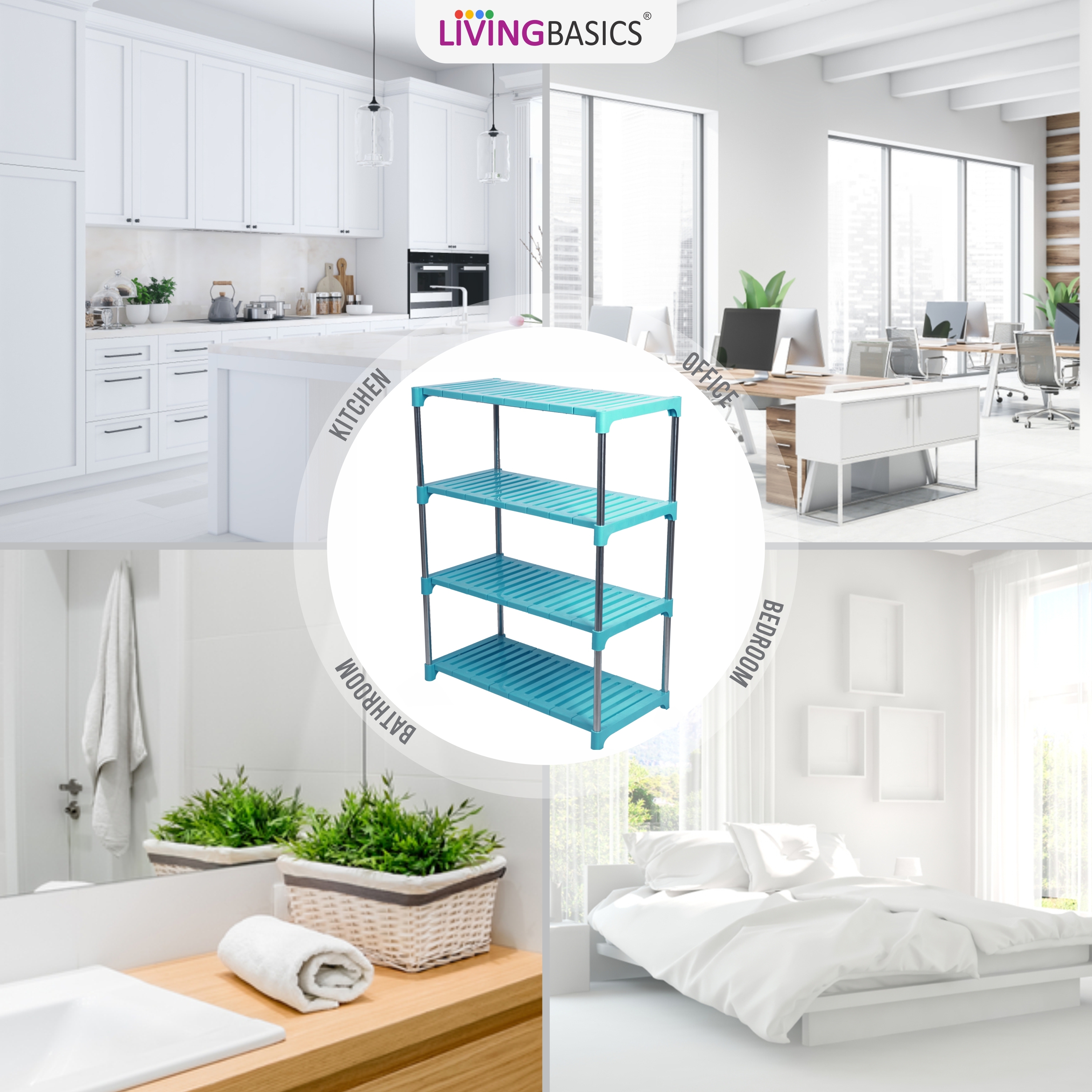 4 Layer Office Racks - Abs Plastic & Stainless Steel, 50x30x65 Cm, Cyan Blue | Durable, Water Resistant, Multipurpose Rack For Home & Office