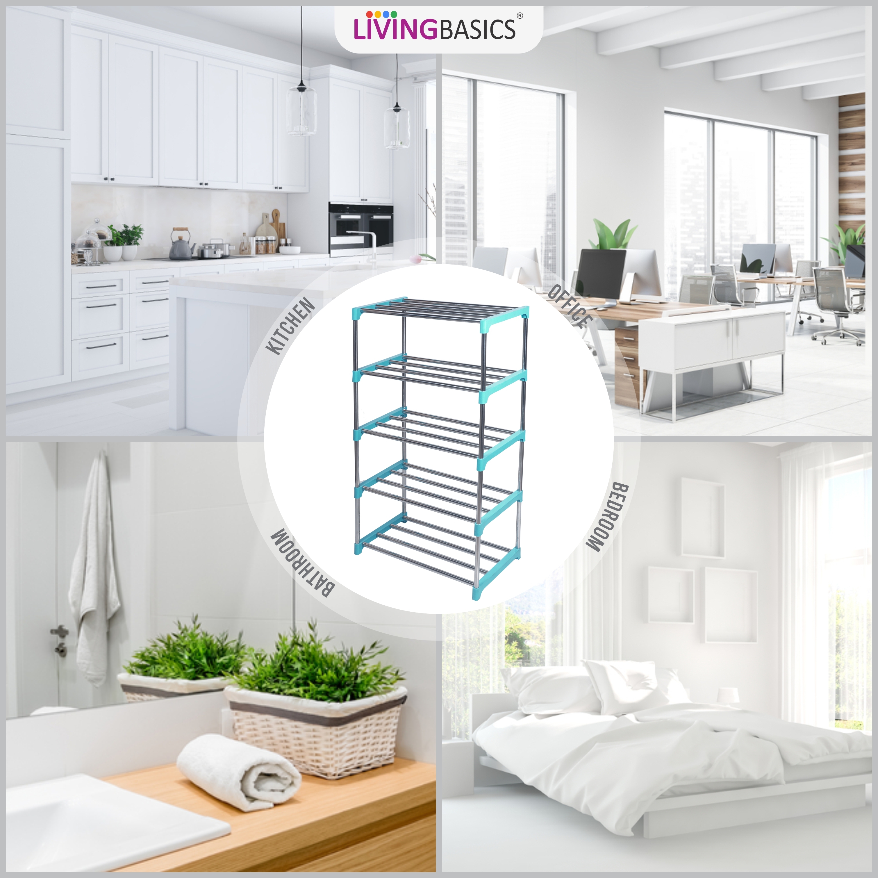 Stainless Steel Office Racks - 5-layer Multipurpose Storage Rack, Durable Abs Plastic And Steel, Modern Design In Cyan Blue, 66x29.2x141 Cm