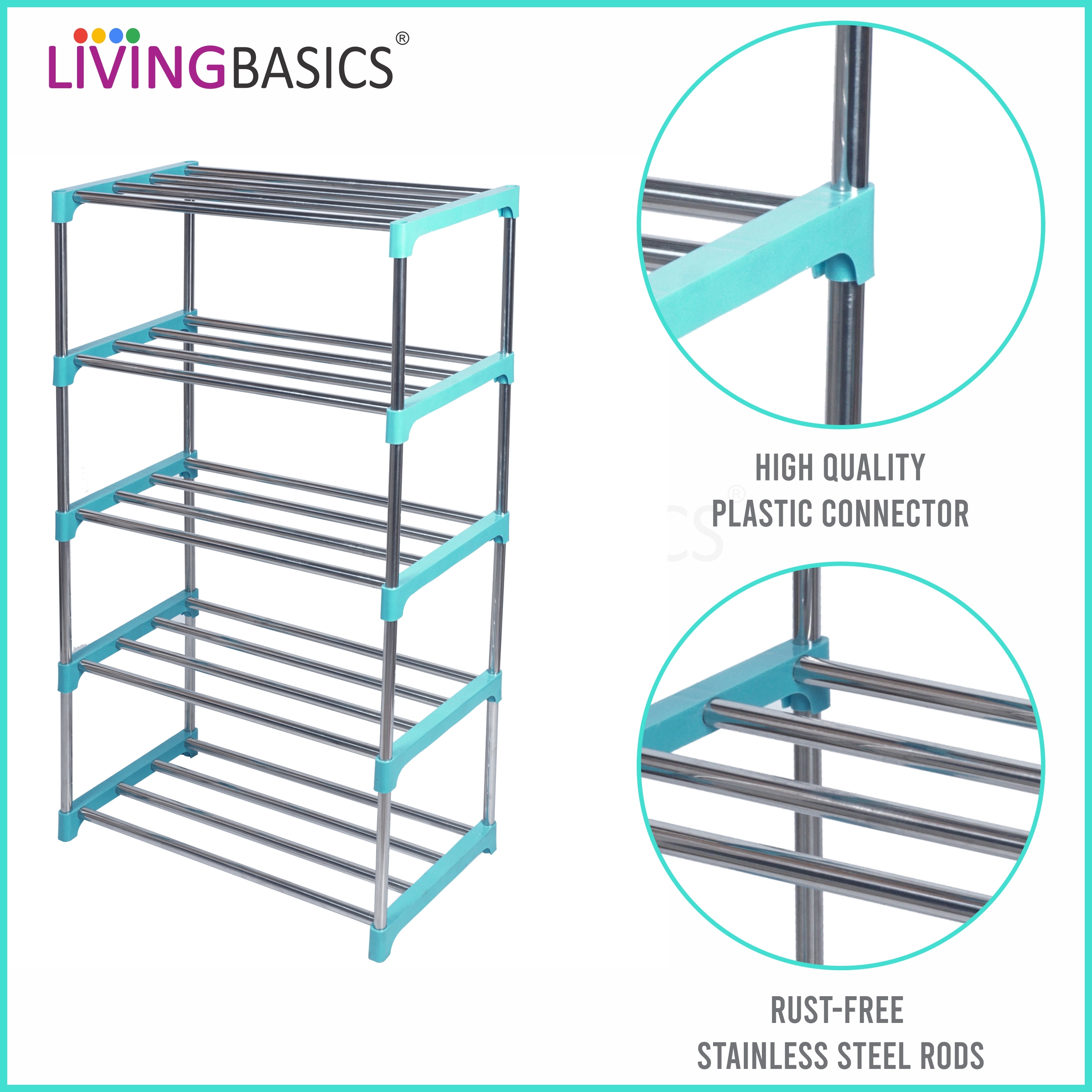 Stainless Steel Office Racks - 5-layer Multipurpose Storage Rack, Durable Abs Plastic And Steel, Modern Design In Cyan Blue, 66x29.2x141 Cm