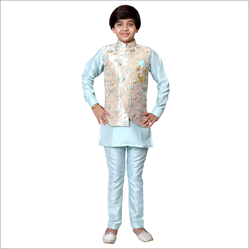 Washable Kids Blue Kurta Set With Vasket