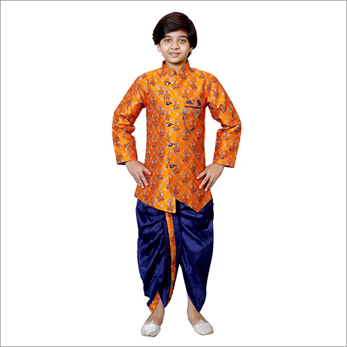 Washable Kids Orange Sherwani Dhoti Sets