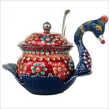 Metal Hand Painted Platter Container And Kitchen Storage Bowl With Spoon And Lid 4x4x6 Inches