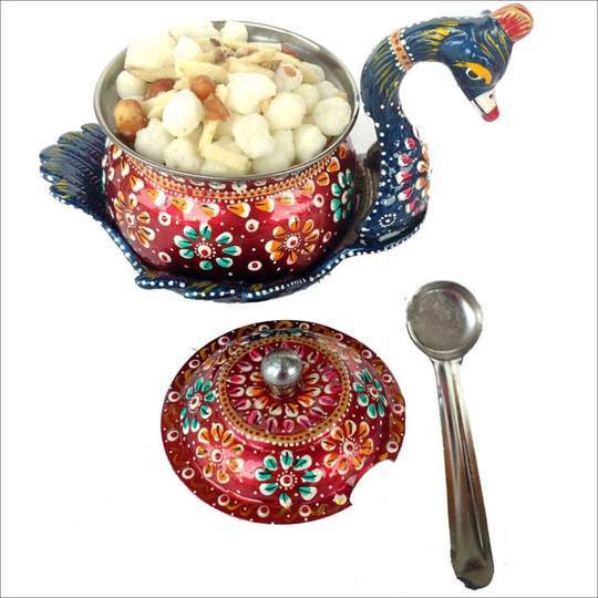 Metal Hand Painted Platter Container And Kitchen Storage Bowl With Spoon And Lid 4x4x6 Inches