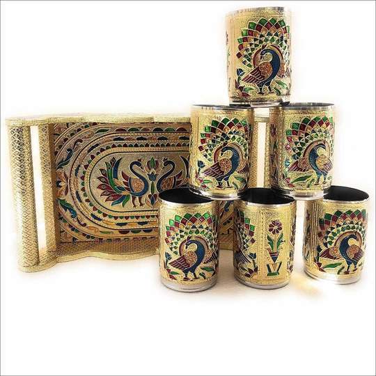 Painting Wooden Glass And Tray Set 7 Pieces Multicolour