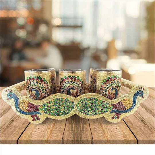 Painting Wooden Glass And Tray Set 7 Pieces Multicolour