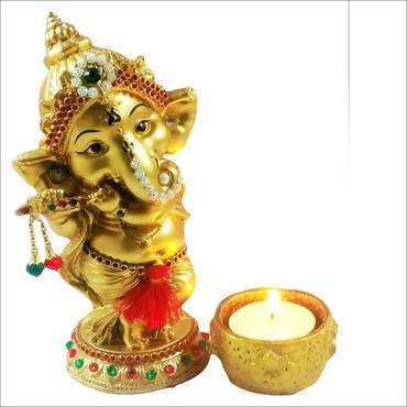 Polishing Lord Ganesha Playing Bansuri Idol With Diya For Home 9.5 Cm X 6.5 Cm X 15 Cm Gold