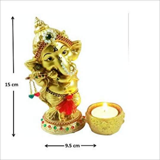 Polishing Lord Ganesha Playing Bansuri Idol With Diya For Home 9.5 Cm X 6.5 Cm X 15 Cm Gold