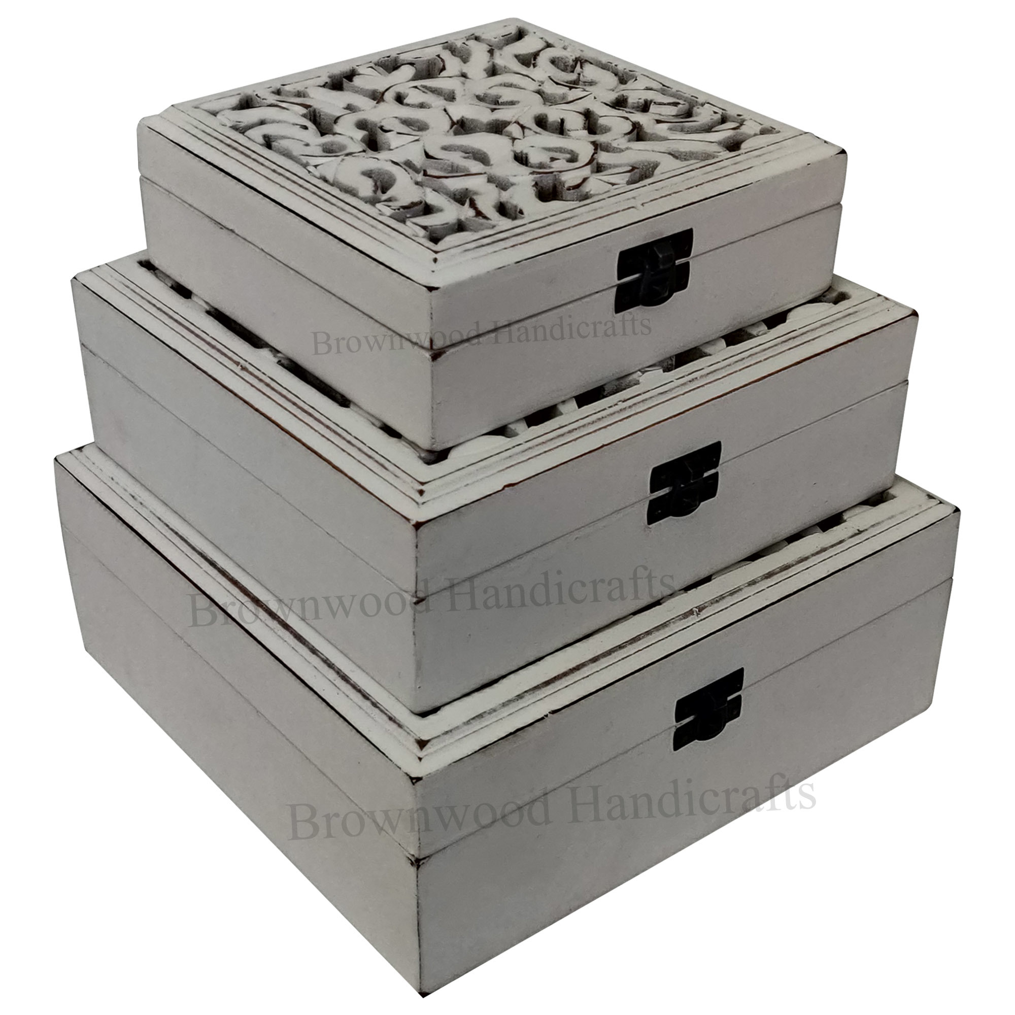 Wood Mdf Carved Box Set Of 3