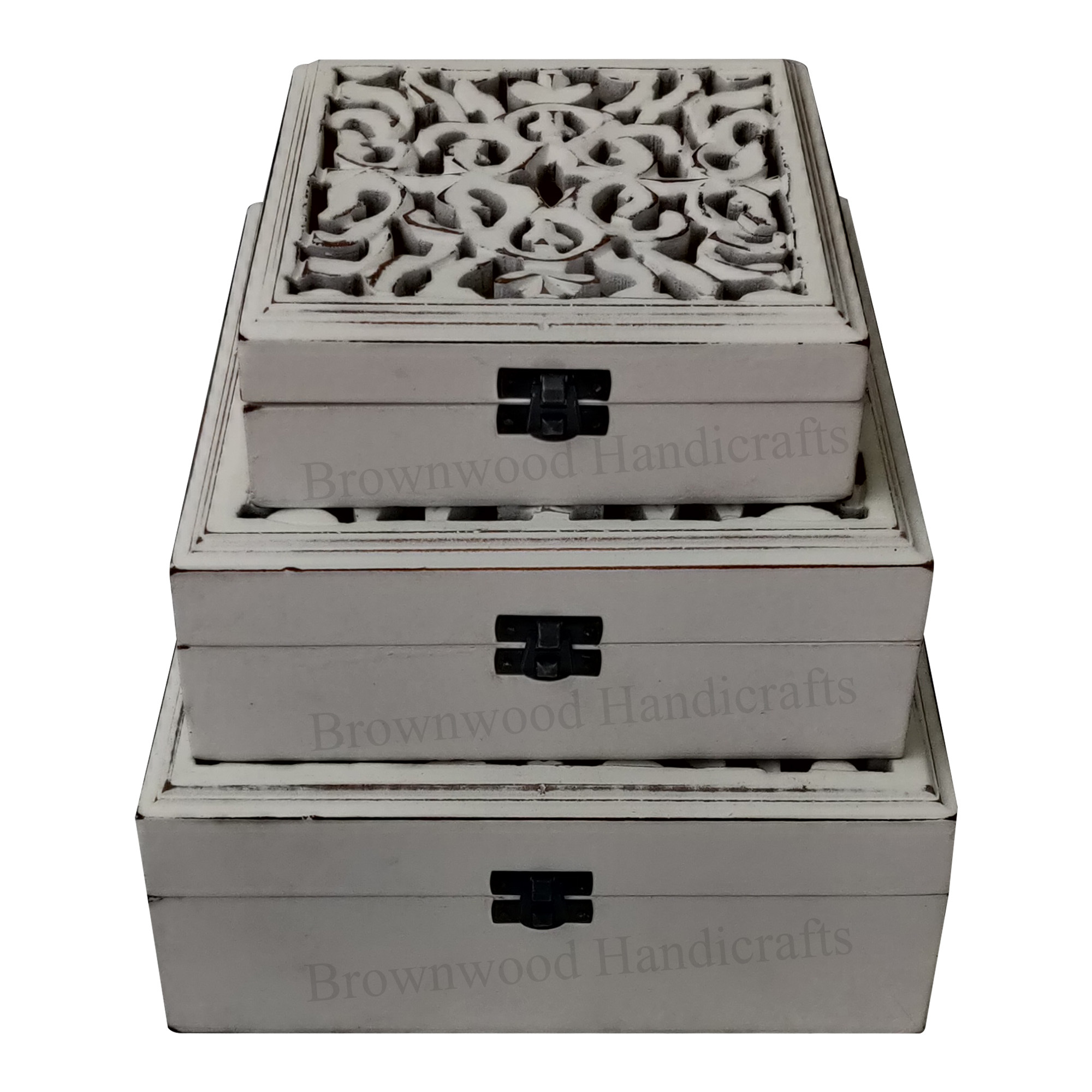 Wood Mdf Carved Box Set Of 3