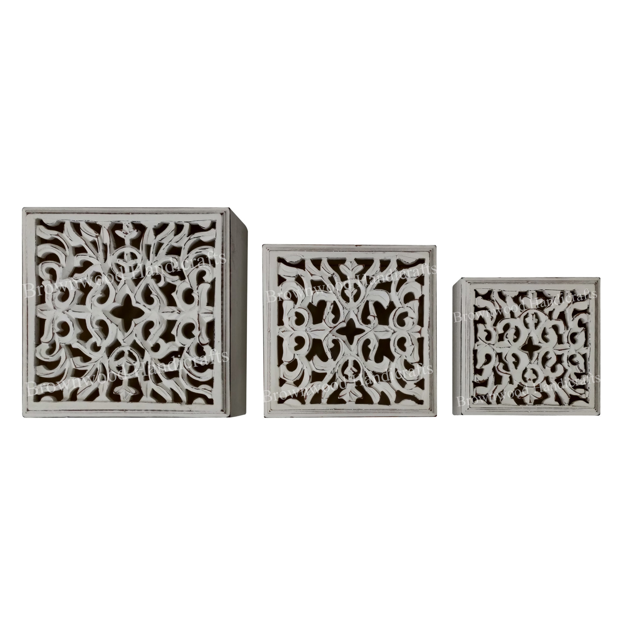 Wood Mdf Carved Box Set Of 3