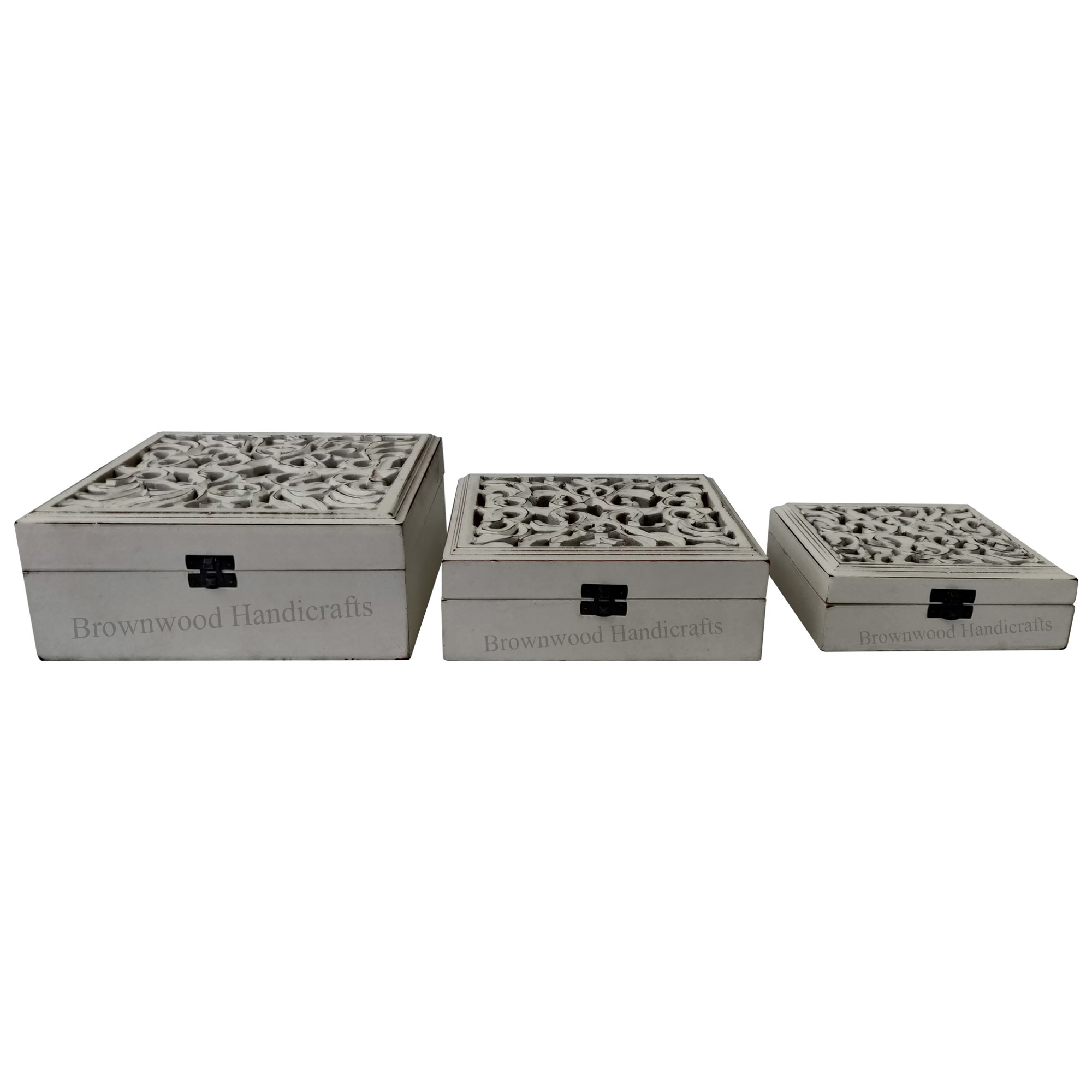 Wood Mdf Carved Box Set Of 3