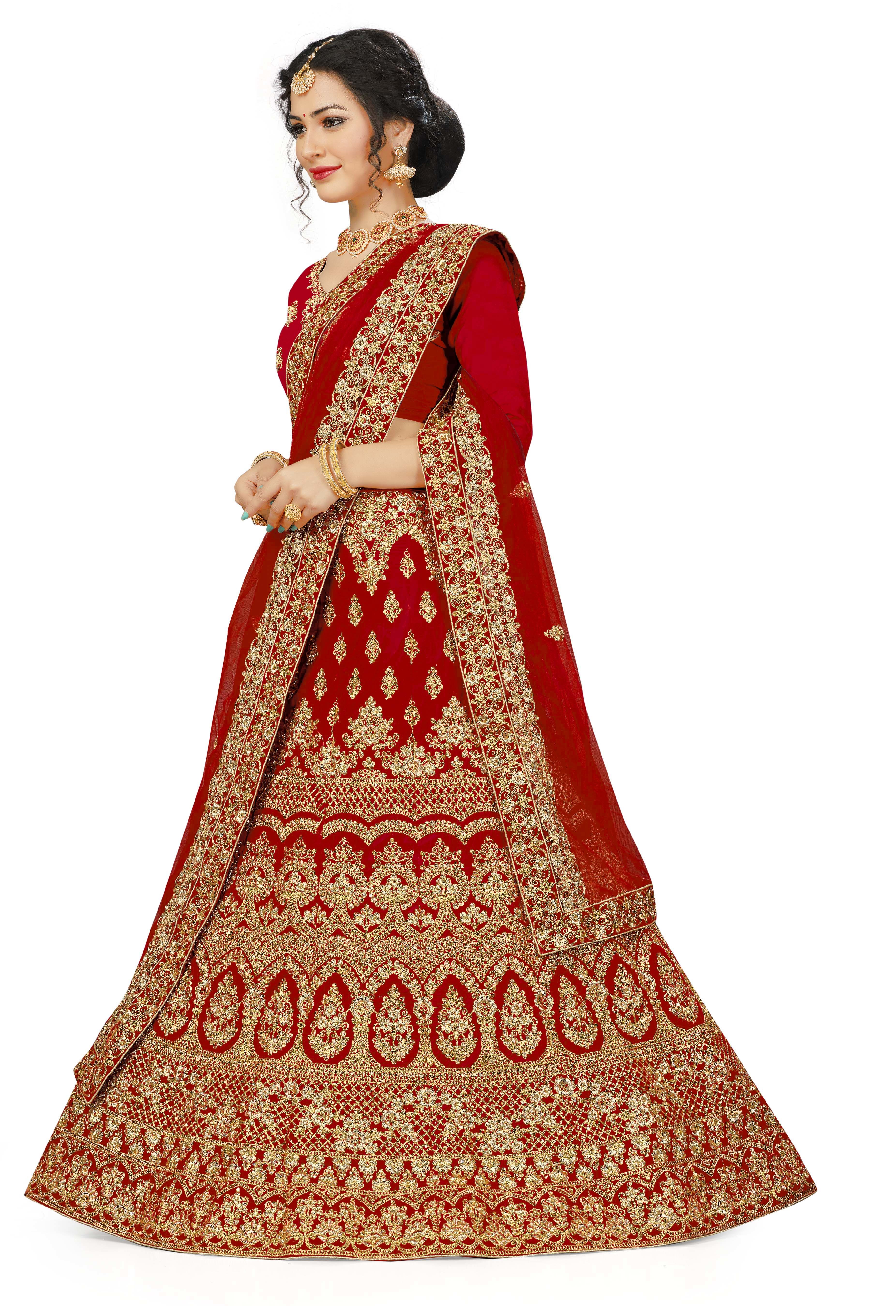 Manvaa Red Semi-stitched Embroidered Velvet Lehenga Choli Age Group: 18+