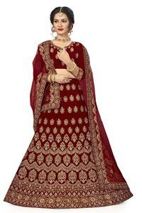 Manvaa Maroon Semi-stitched Embroidered Velvet Lehenga Choli Age Group: 18+