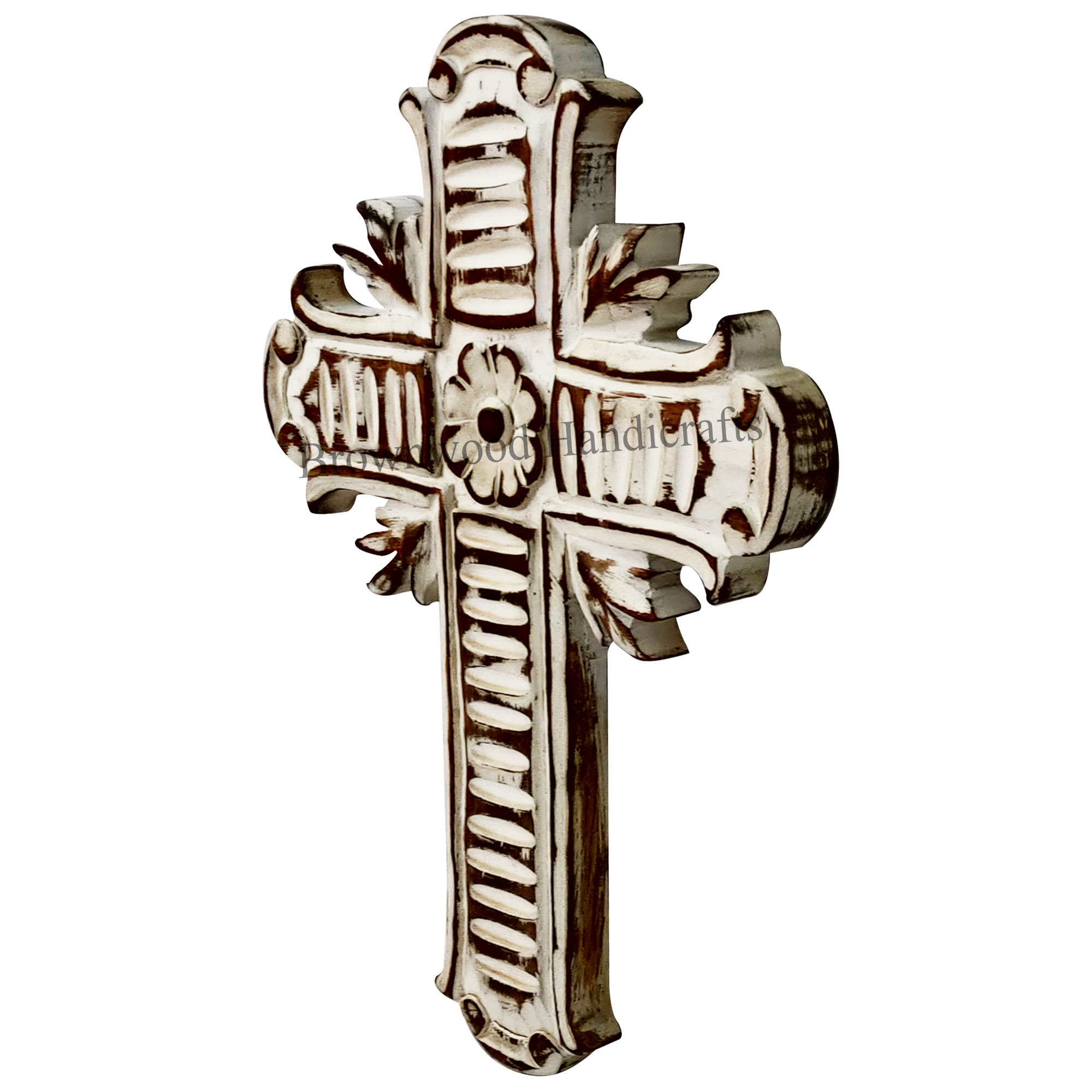 Hand-carved Wooden Cross - 13 X 9.5 X 3 Inch, Burnt White Antique Imitation Style | Decorative Art For Home & Wedding Use
