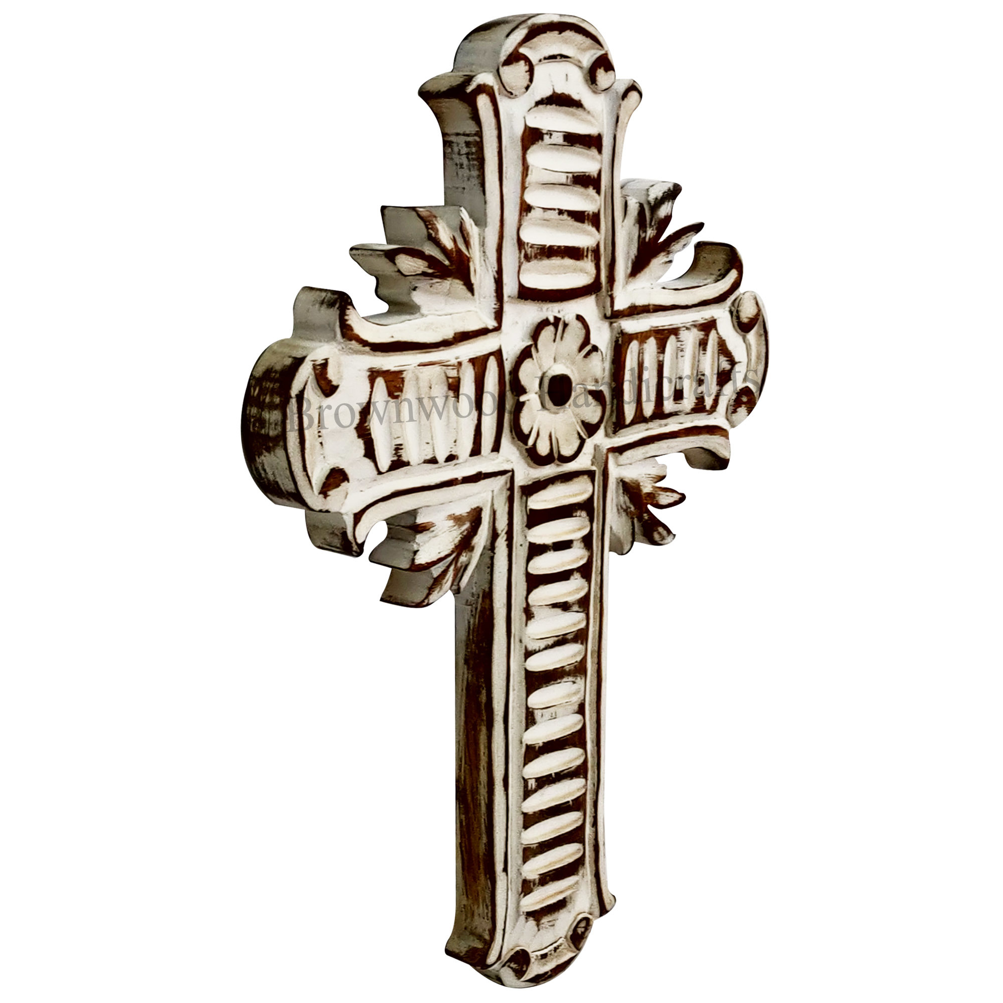 Hand-carved Wooden Cross - 13 X 9.5 X 3 Inch, Burnt White Antique Imitation Style | Decorative Art For Home & Wedding Use