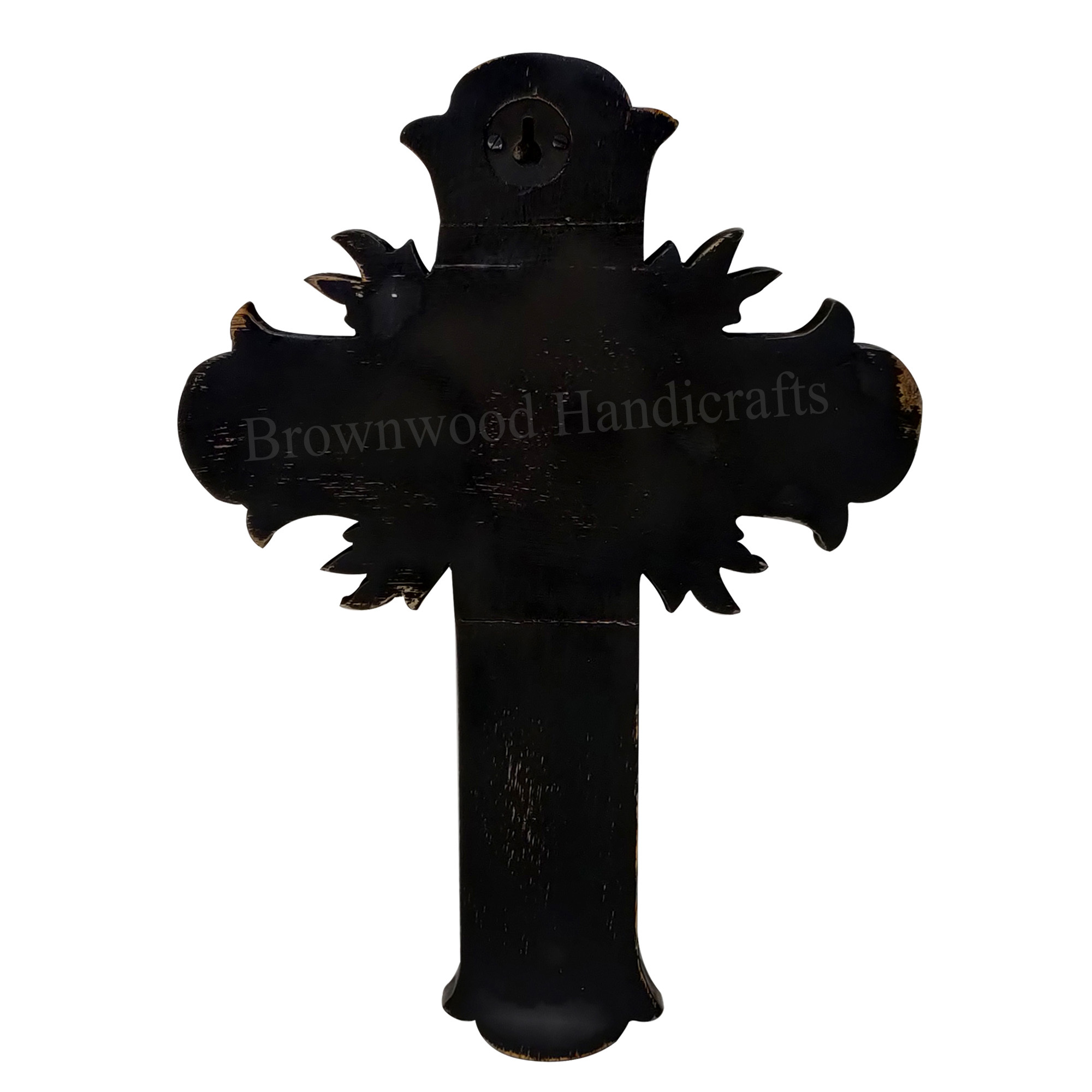 Hand Carved Wooden Cross - 13 X 9.5 X 3 Inch | Black Antique Finish, Religious Decor For Home & Wedding