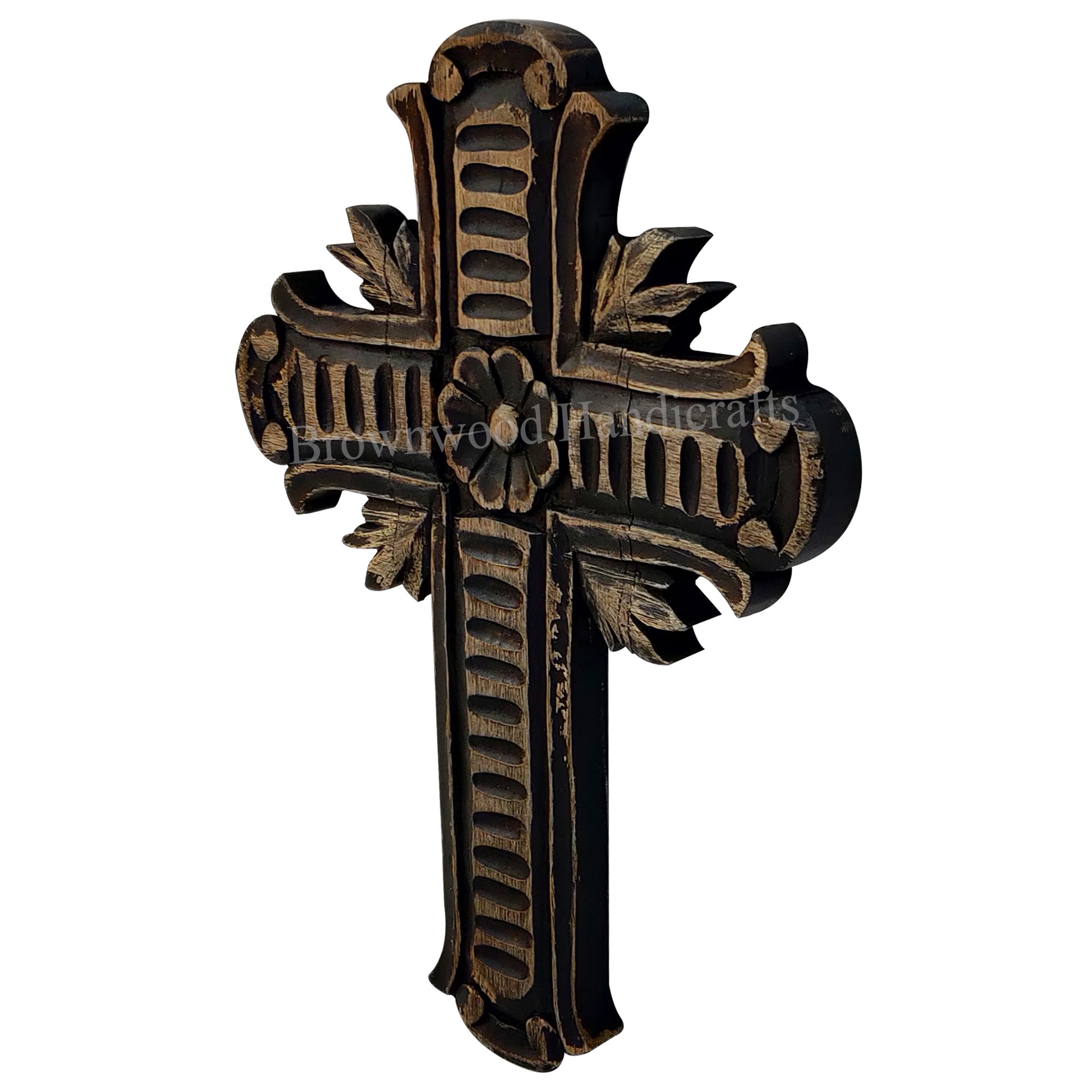 Hand Carved Wooden Cross - 13 X 9.5 X 3 Inch | Black Antique Finish, Religious Decor For Home & Wedding
