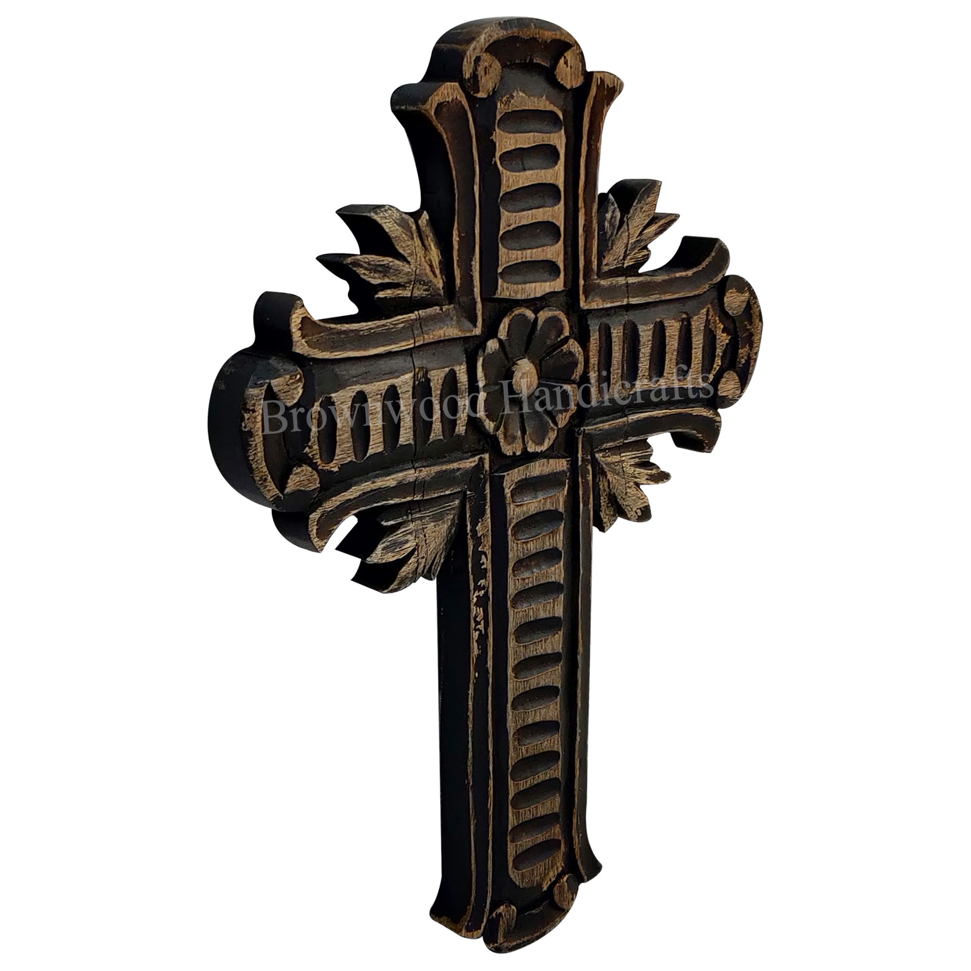 Hand Carved Wooden Cross - 13 X 9.5 X 3 Inch | Black Antique Finish, Religious Decor For Home & Wedding