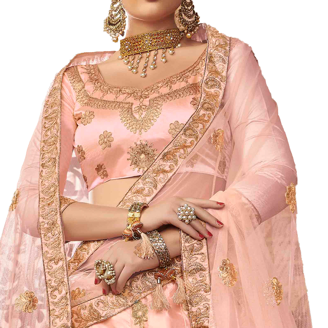 Beige Manvaa Peach Semi-stitched Embroidered Silk Lehenga Choli