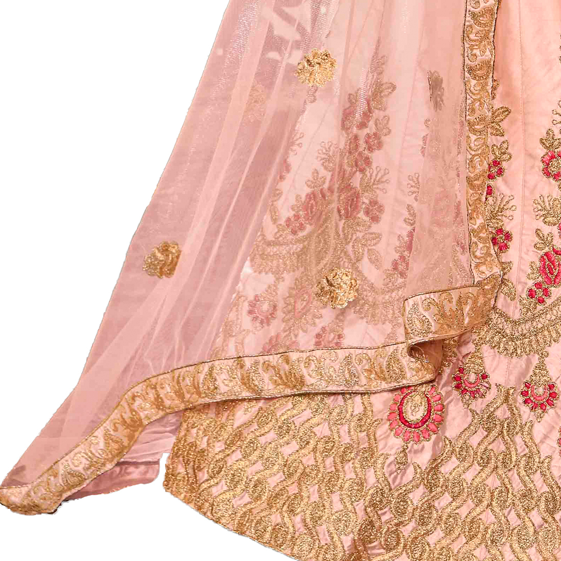 Beige Manvaa Peach Semi-stitched Embroidered Silk Lehenga Choli