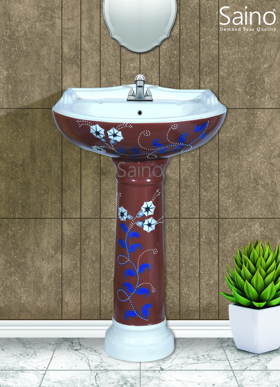 Vitrosa Wash Basin Set - Ceramic, 23x17 With Pedestal, Glossy And Matt Finish | Antique Design, Awesome Look, Floor Mounted, Round Shape