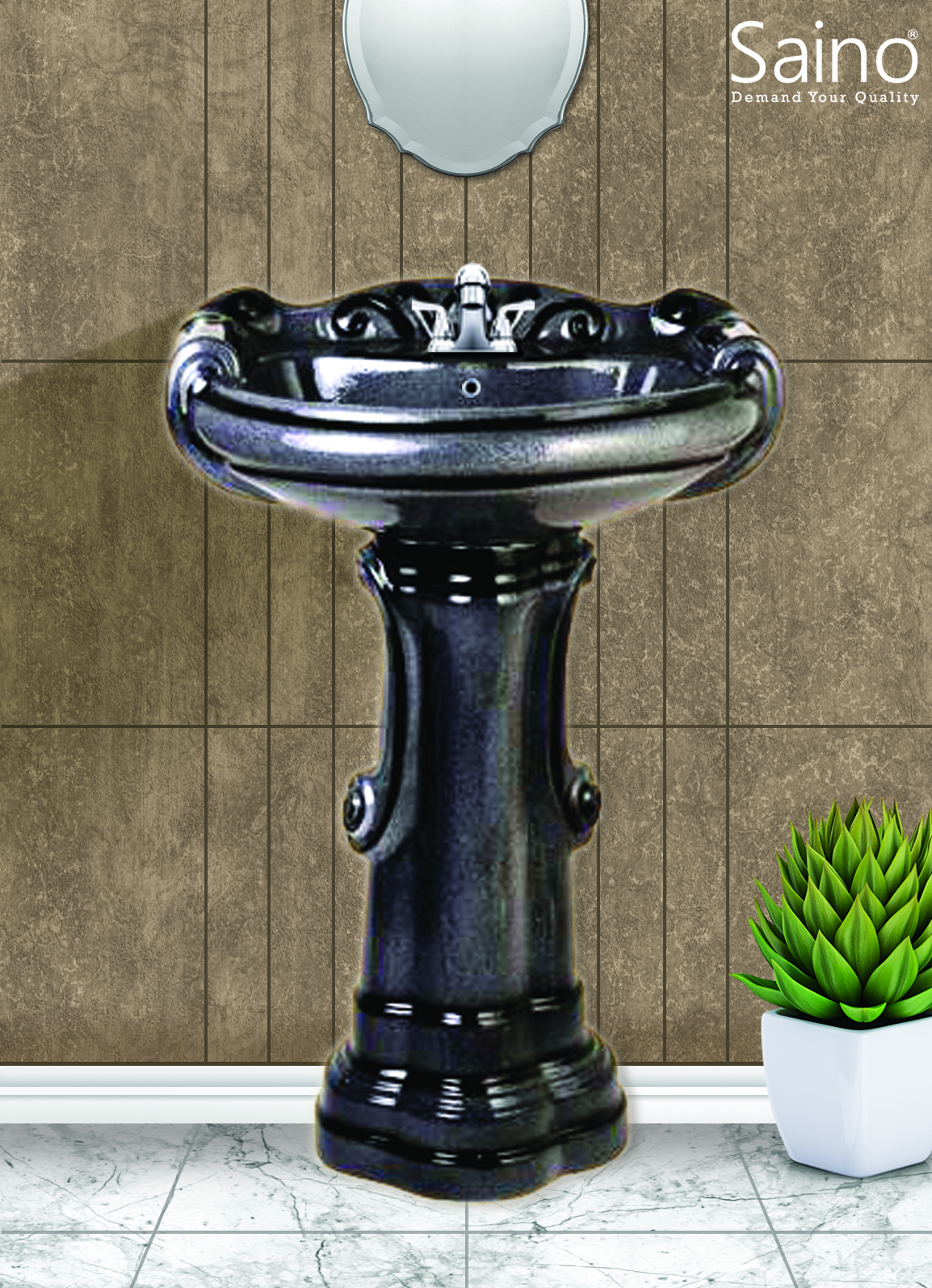 Vitrosa Wash Basin Set - Ceramic, 23x17 With Pedestal, Glossy And Matt Finish | Antique Design, Awesome Look, Floor Mounted, Round Shape