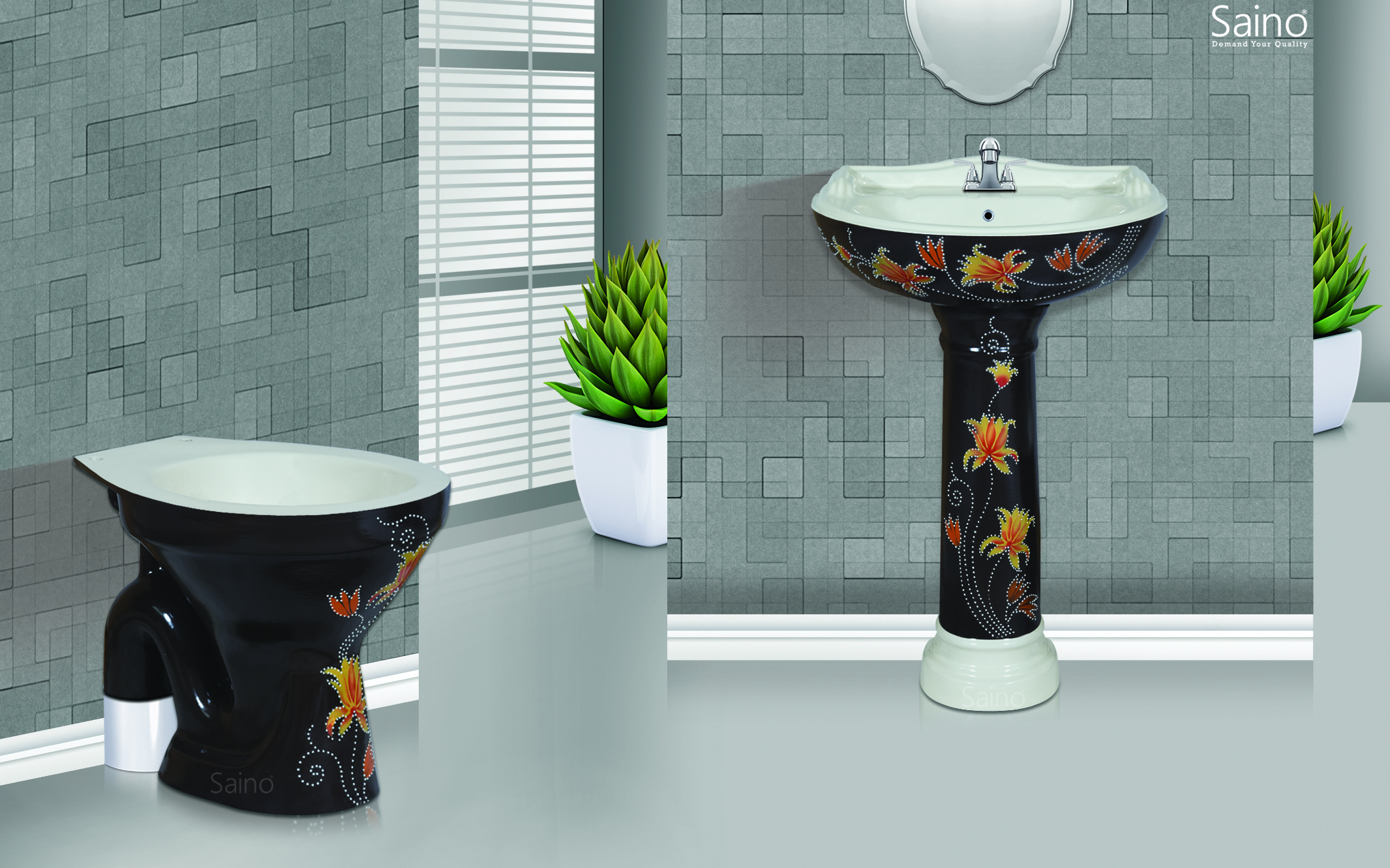 Vitrosa Wash Basin Set - Ceramic, 23x17 With Pedestal, Glossy And Matt Finish | Antique Design, Awesome Look, Floor Mounted, Round Shape