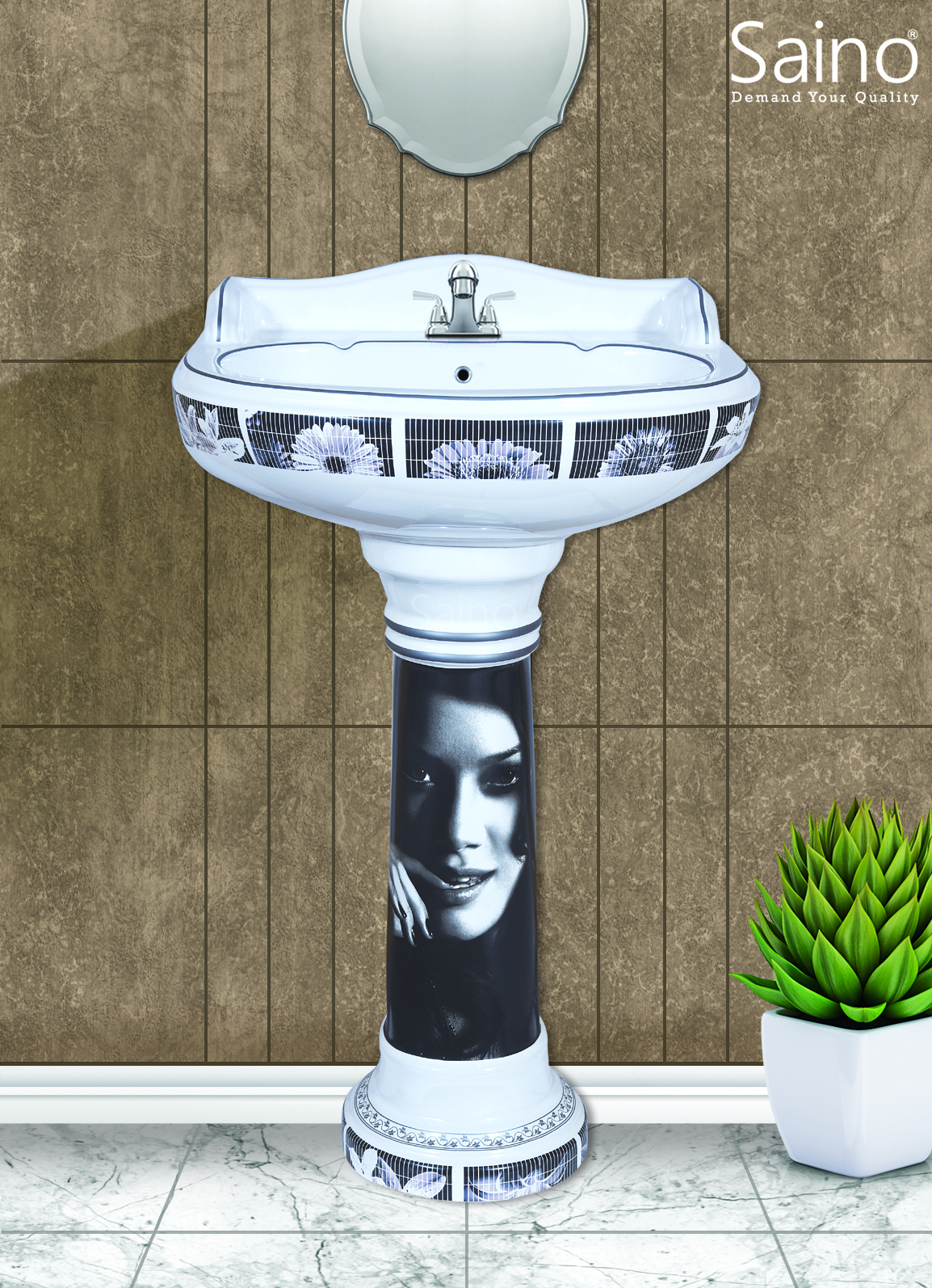 Vitrosa Wash Basin Set - Ceramic, 23x17 With Pedestal, Glossy And Matt Finish | Antique Design, Awesome Look, Floor Mounted, Round Shape