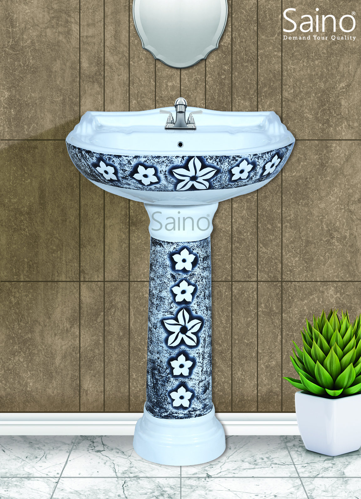 Vitrosa Wash Basin Set - Ceramic, 23x17 With Pedestal, Glossy And Matt Finish | Antique Design, Awesome Look, Floor Mounted, Round Shape