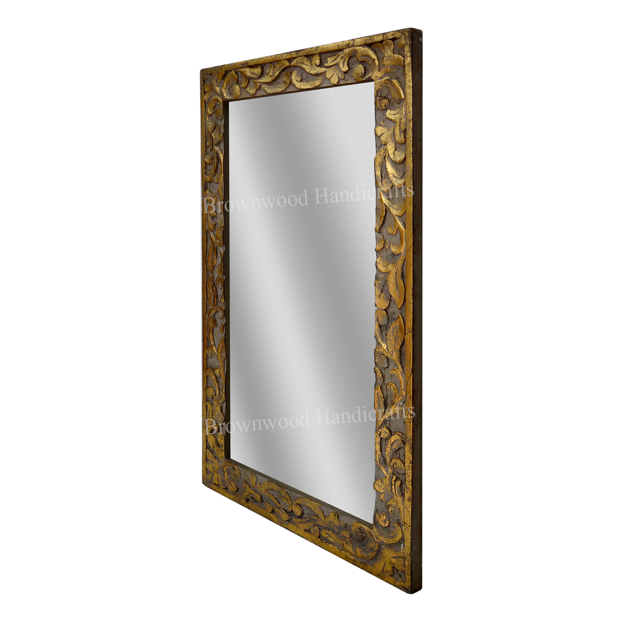 Hand Carved Mirror Frame - Wood, 30 X 18 Inches, Green Gold Foil | Antique Imitation, Painted, Polished, Ideal For Home Decoration And Gifts